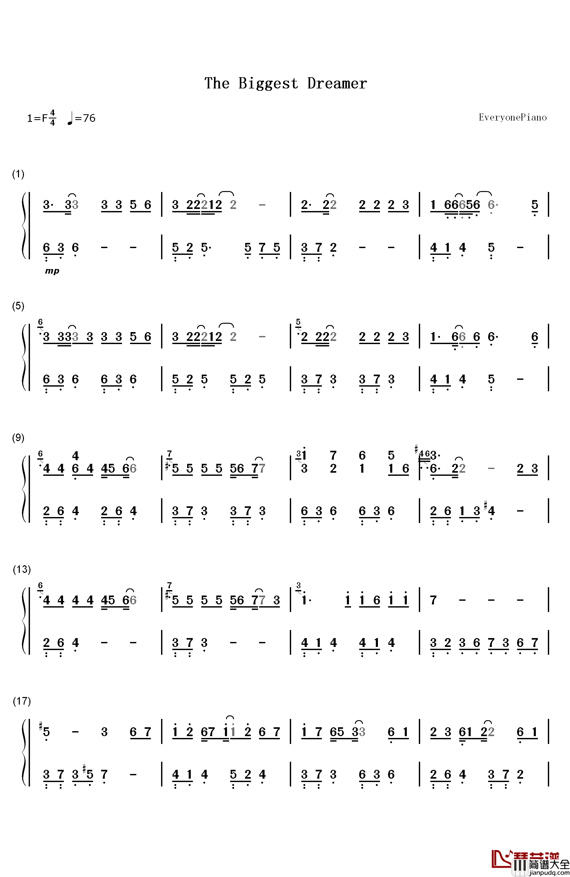 The_Biggest_Dreamer钢琴简谱_数字双手_和田光司