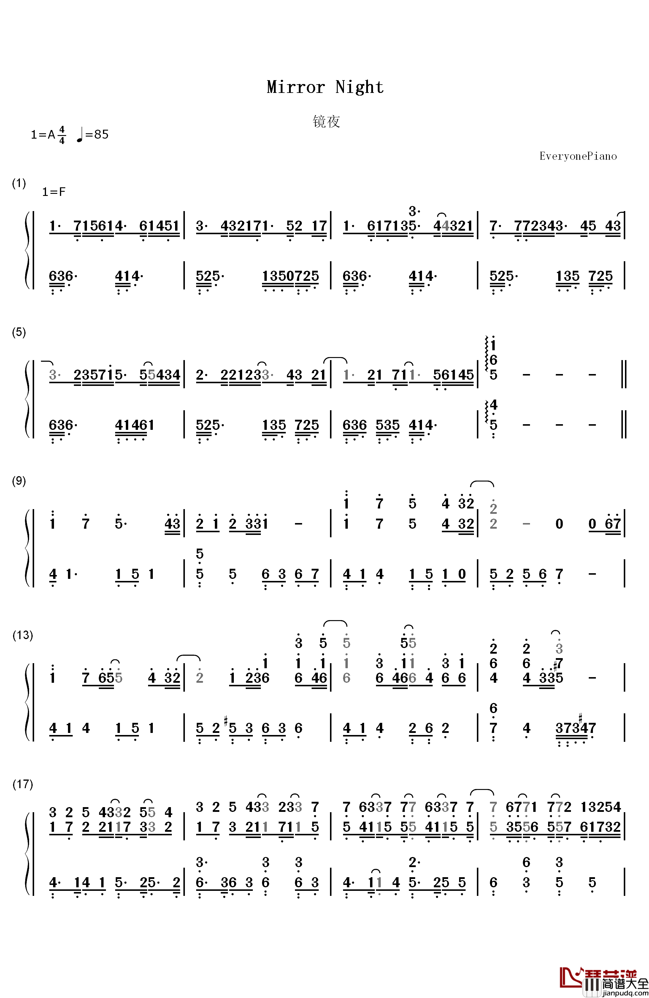 Mirror_Night钢琴简谱_数字双手_V.K克