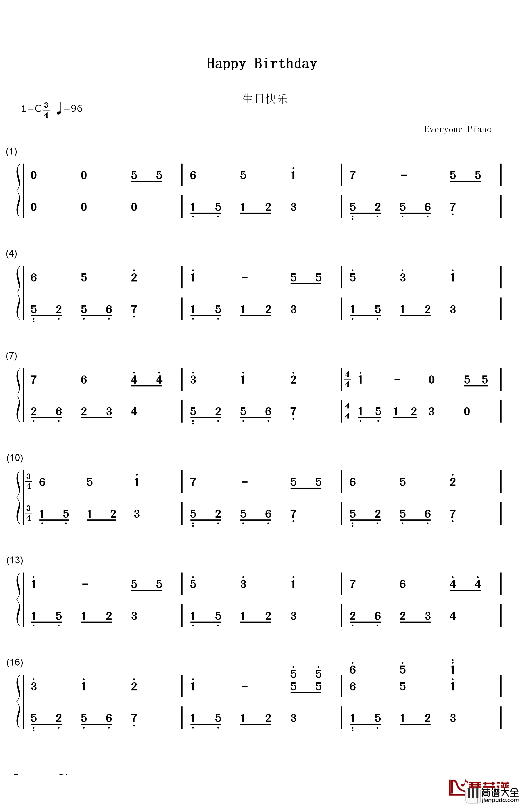 生日快乐钢琴简谱_数字双手_未知