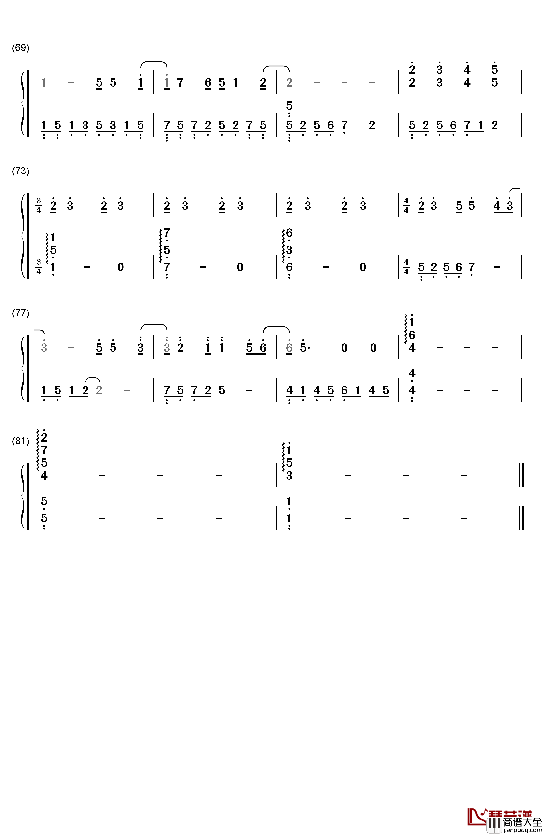再见再见钢琴简谱_数字双手_李易峰