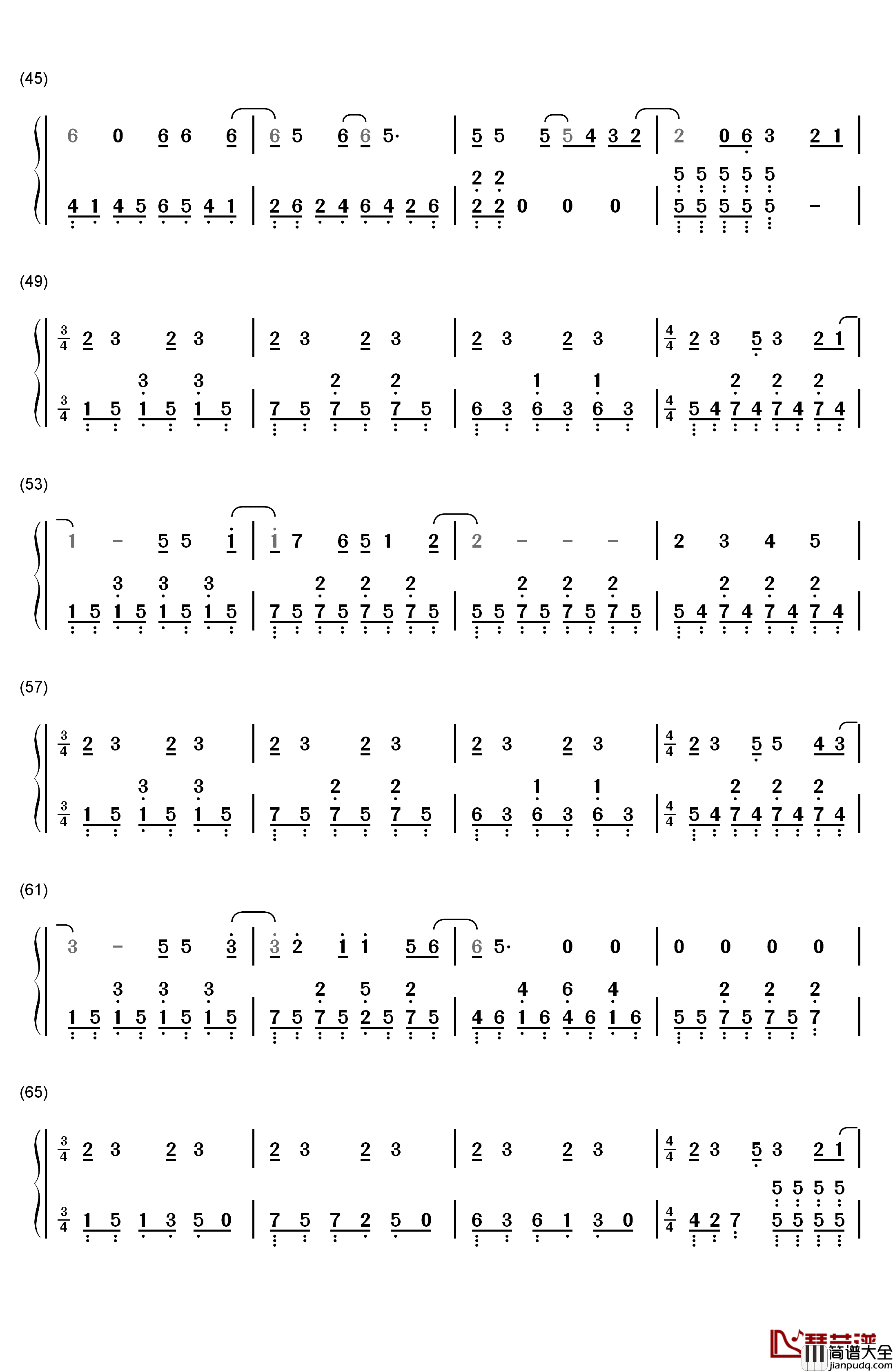 再见再见钢琴简谱_数字双手_李易峰