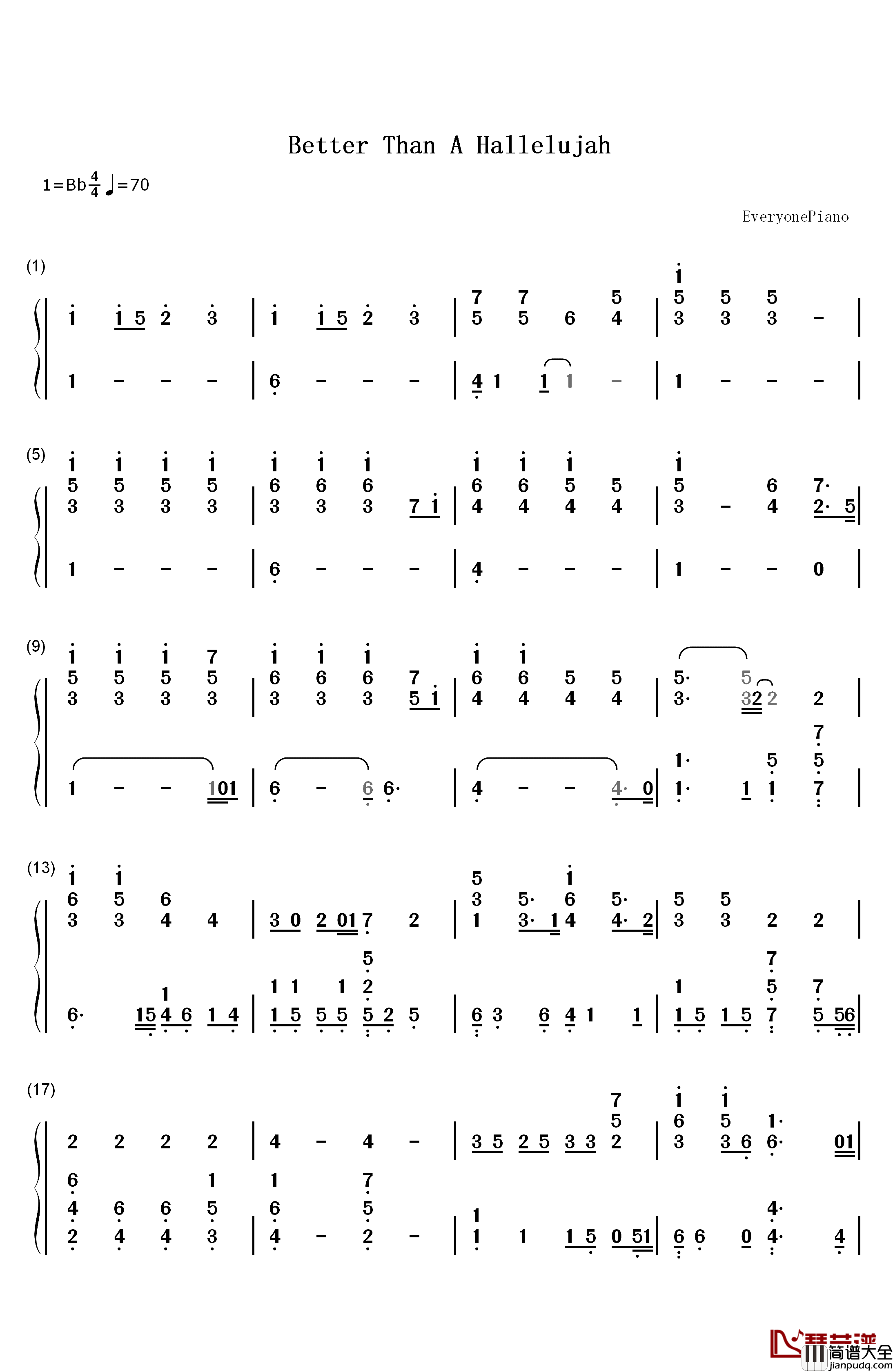 Better_Than_A_Hallelujah钢琴简谱_数字双手_Sarah_Hart