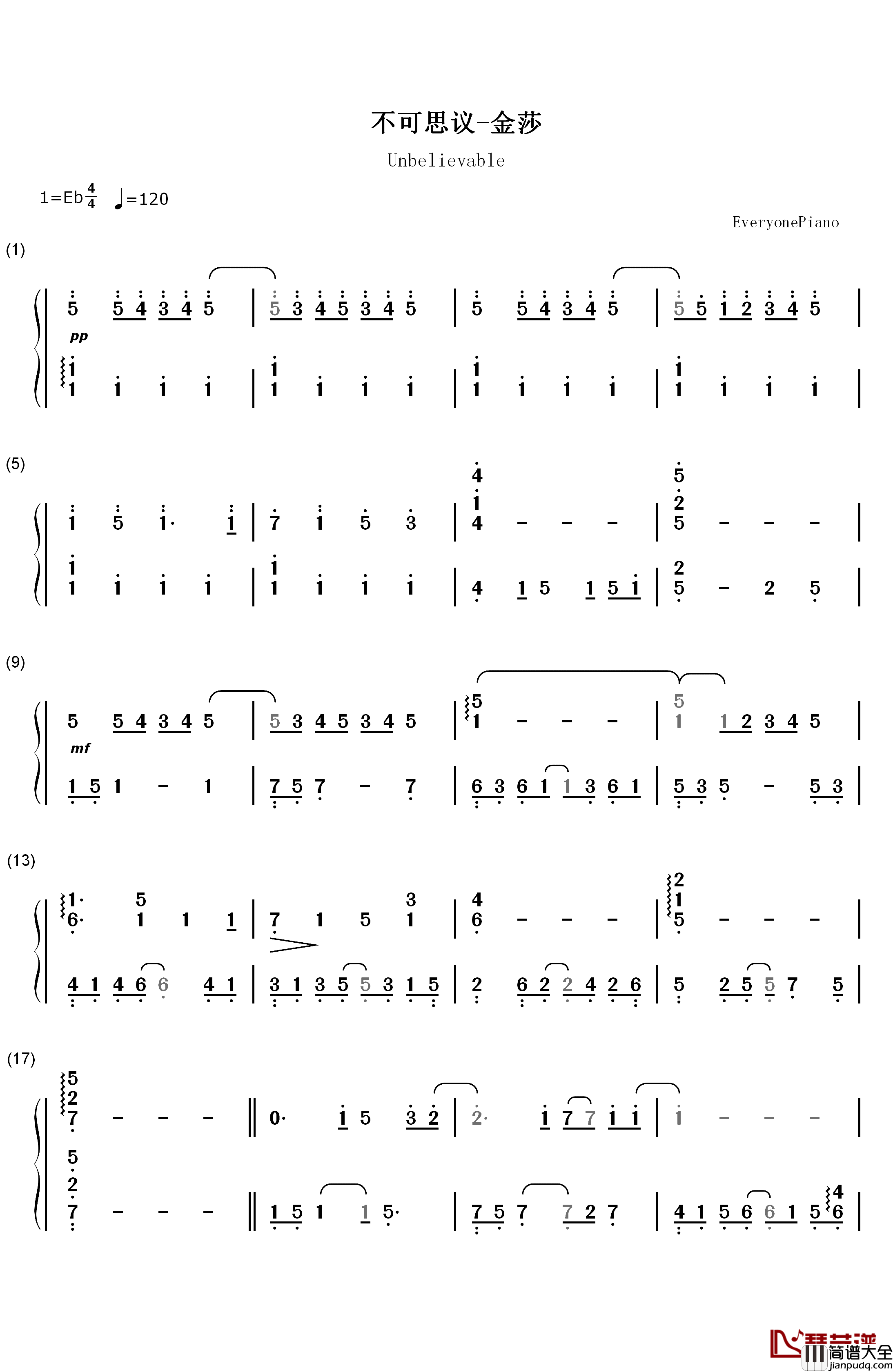 不可思议钢琴简谱_数字双手_金莎