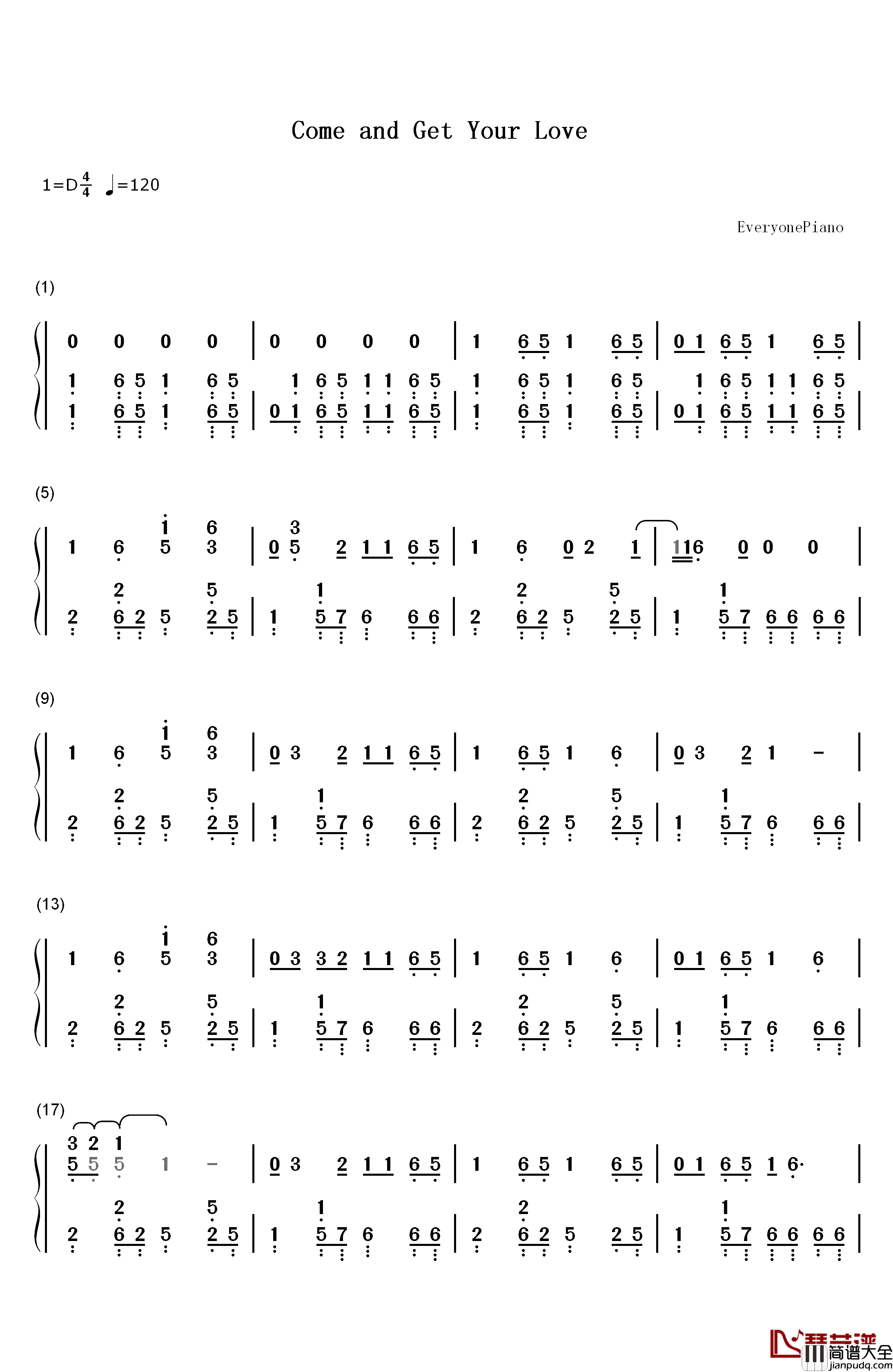 Come_and_Get_Your_Love钢琴简谱_数字双手_Redbone