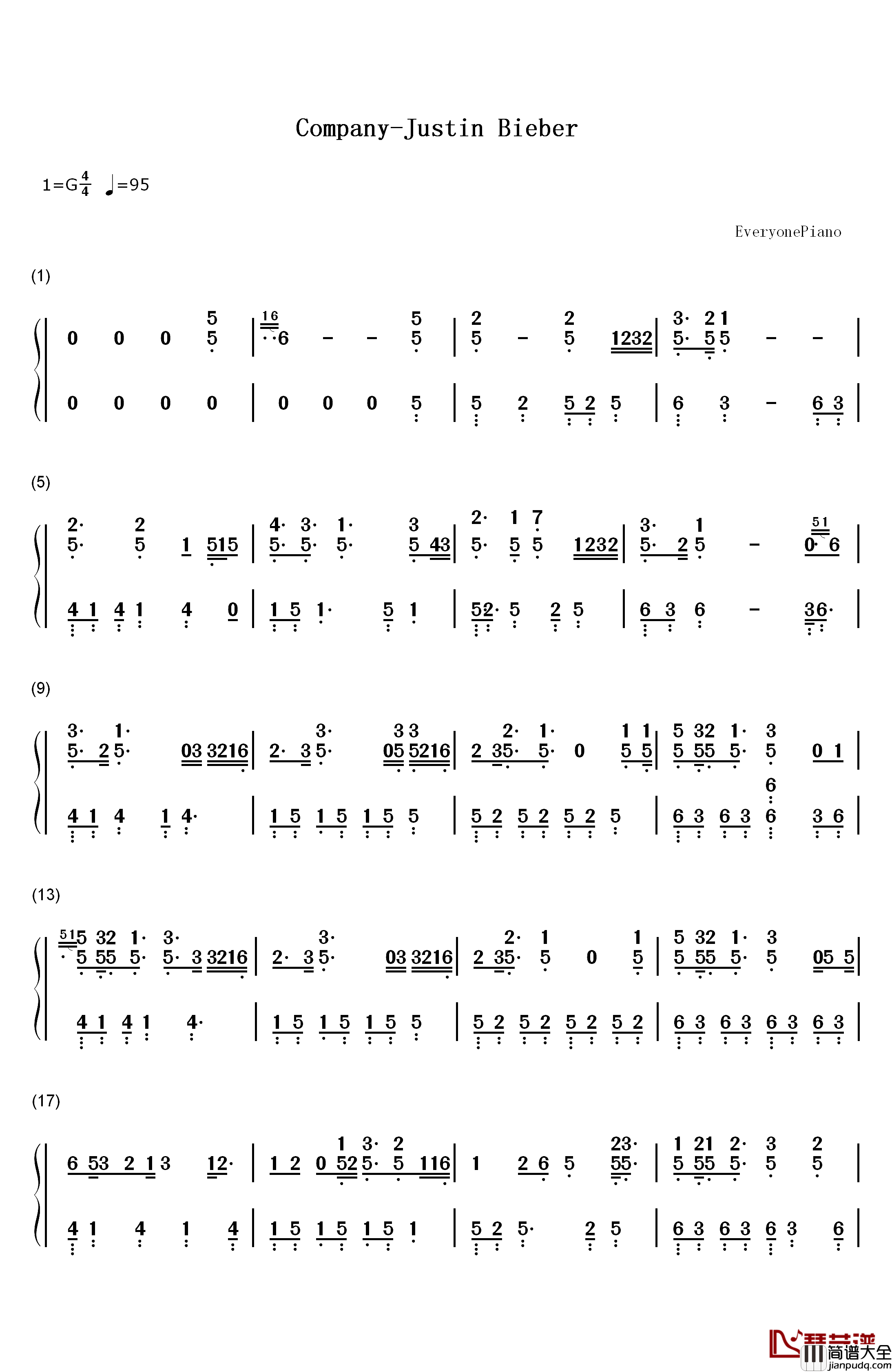 Company钢琴简谱_数字双手_Justin_Bieber