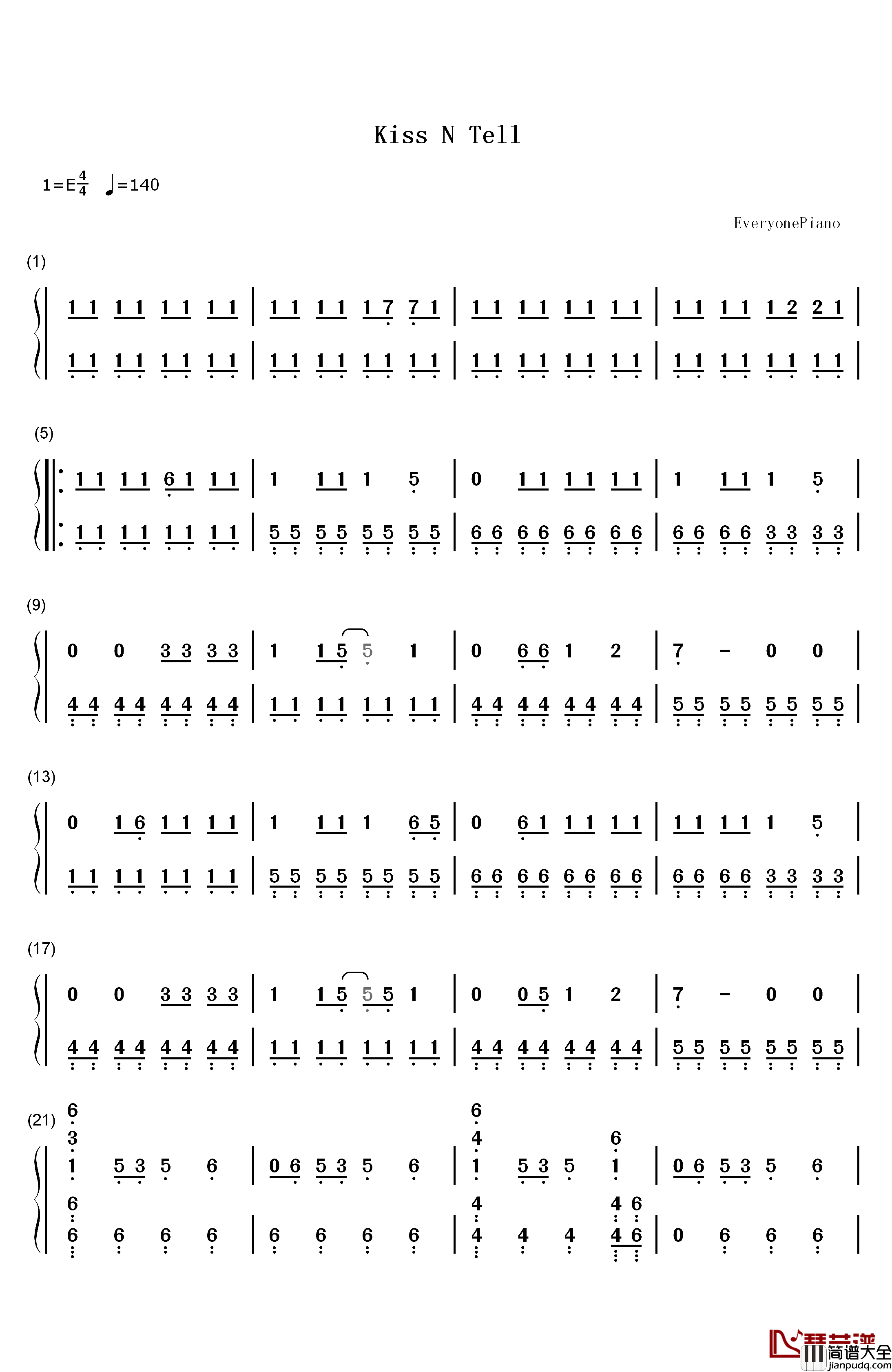 Kiss_N__Tell钢琴简谱_数字双手_Kesha