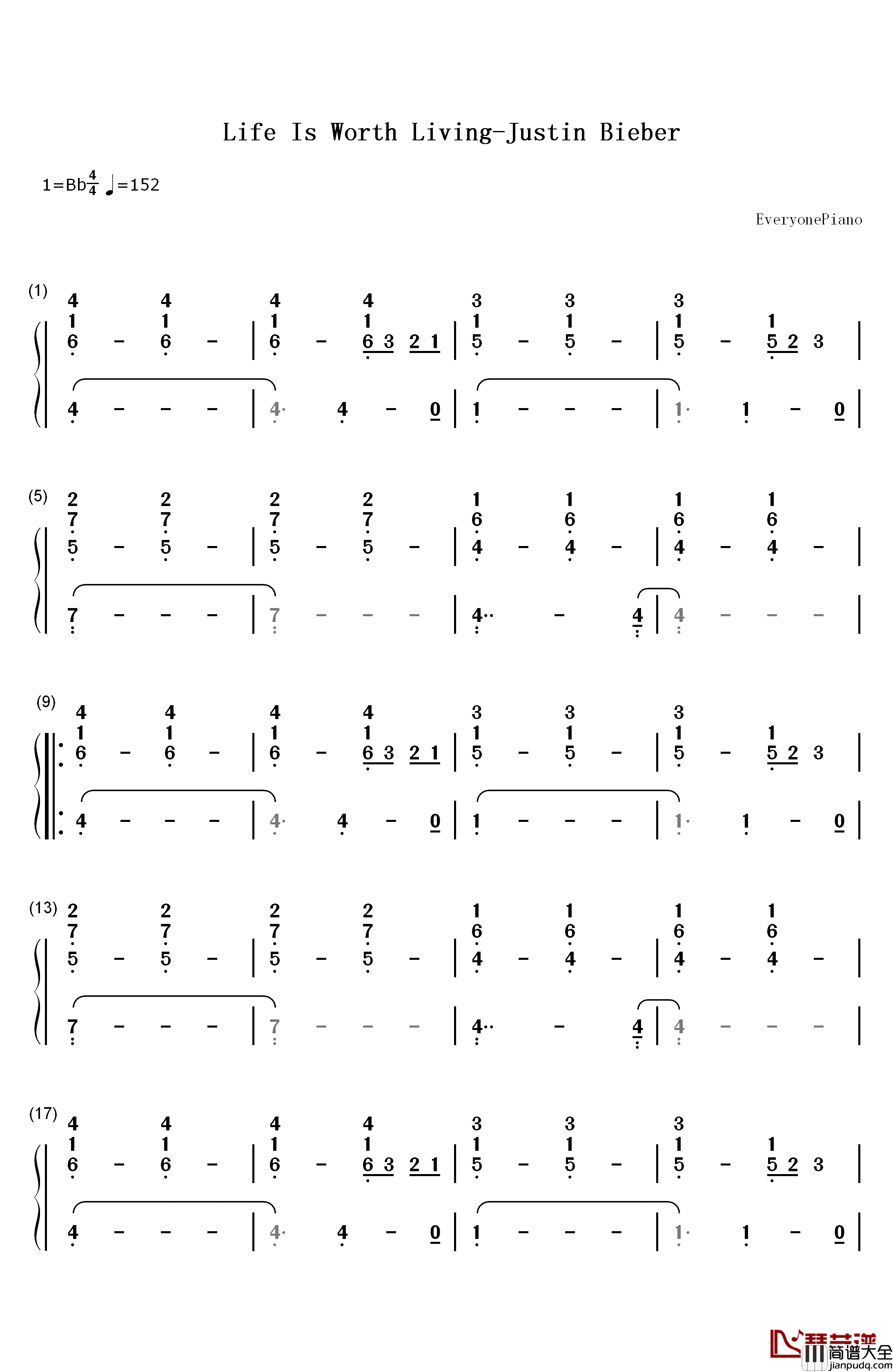 Life_Is_Worth_Living钢琴简谱_数字双手_贾斯汀•比伯