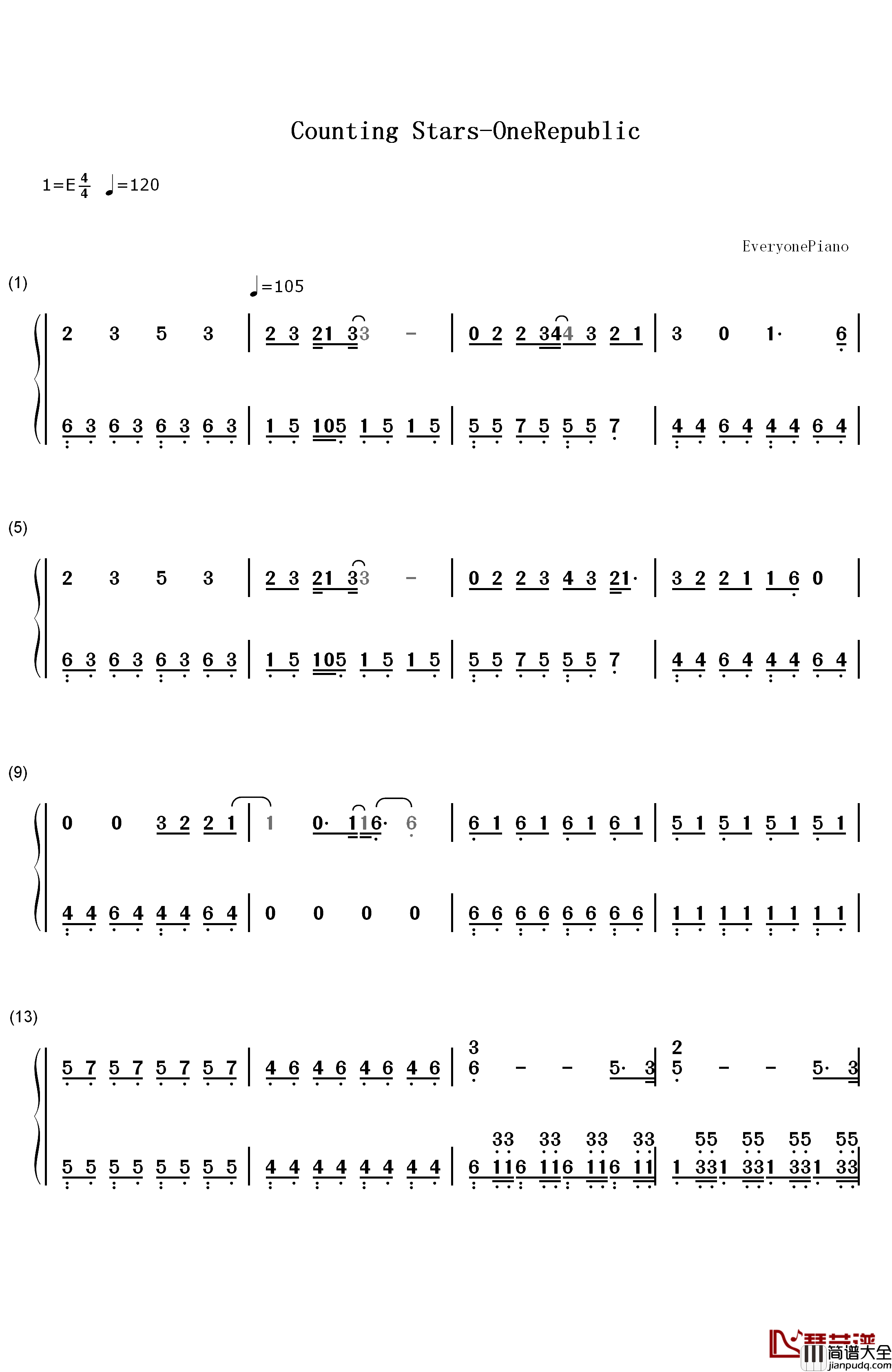 Counting_Stars钢琴简谱_数字双手_OneRepublic