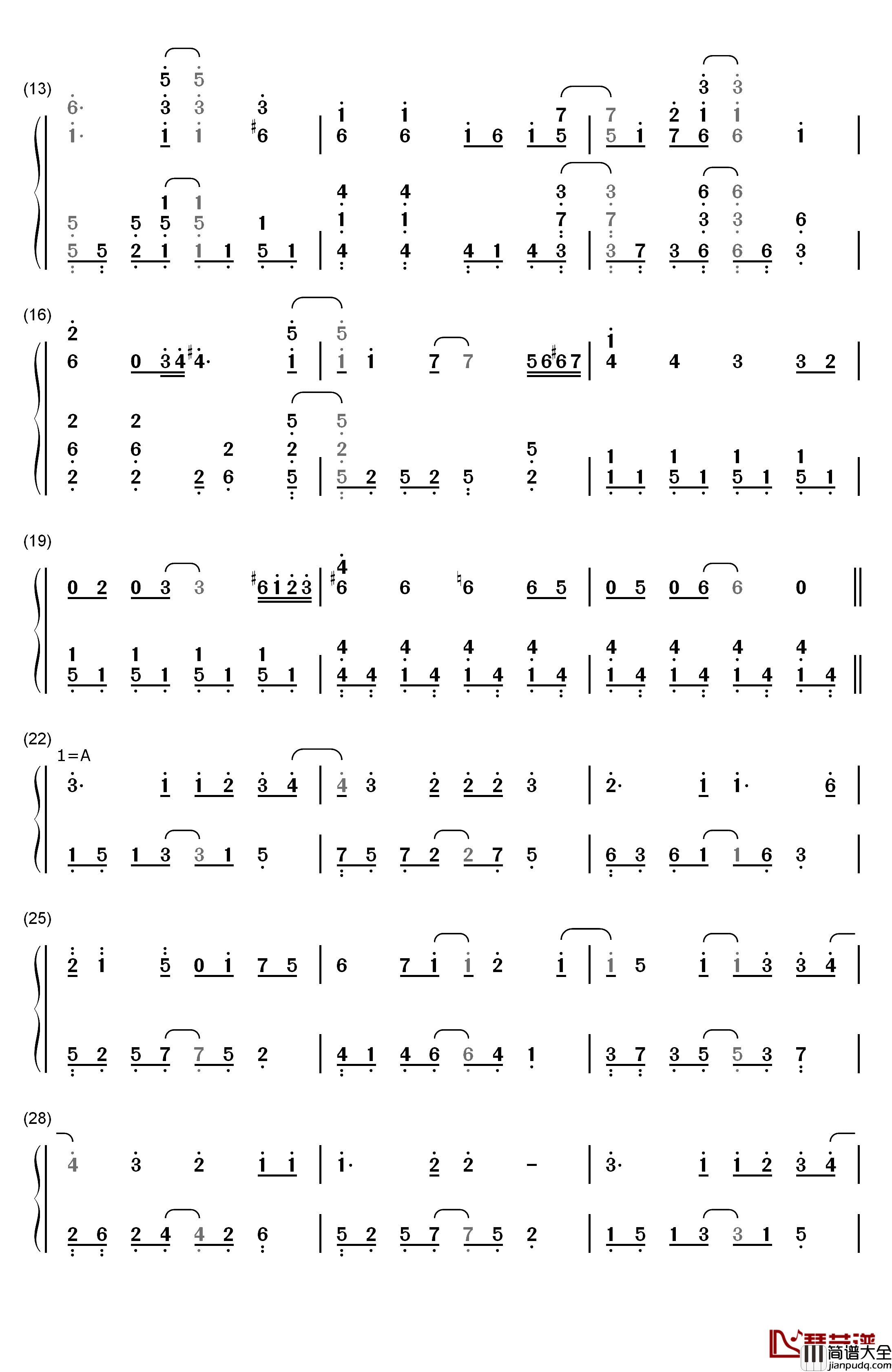 闪亮闪亮钢琴简谱_数字双手_梶裕贵
