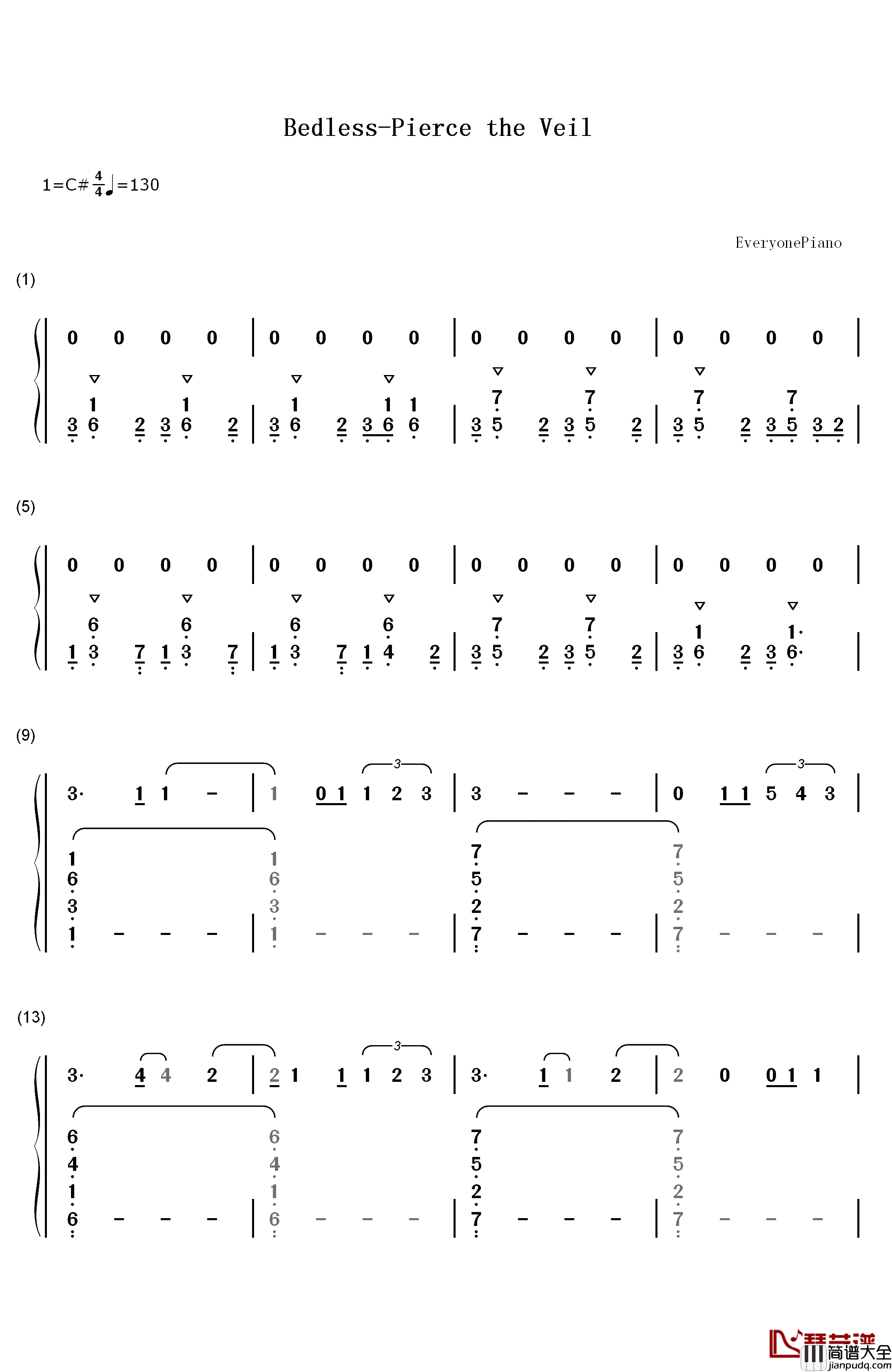 Bedless钢琴简谱_数字双手_Pierce_the_Veil