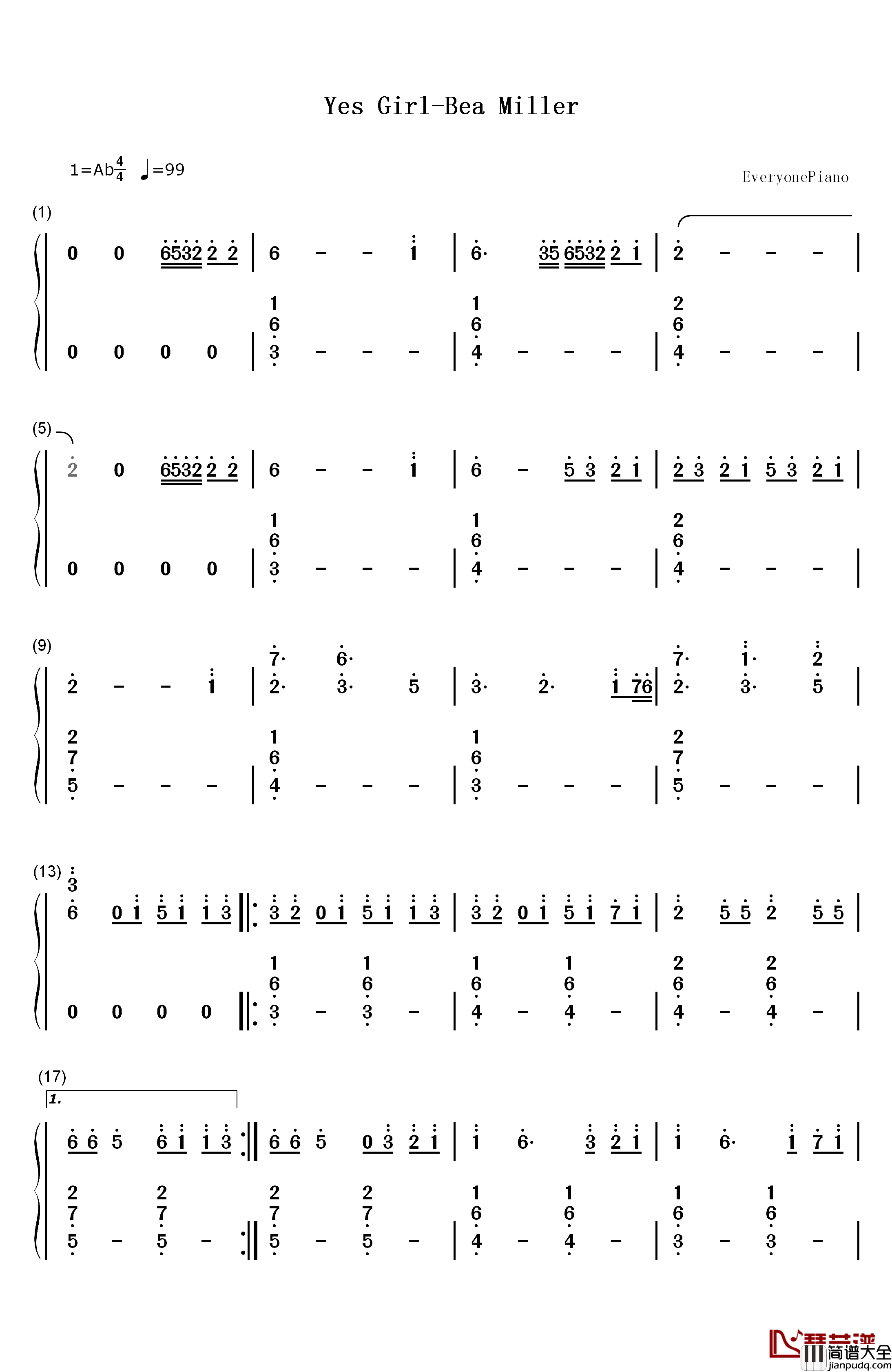 Yes_Girl钢琴简谱_数字双手_Bea_Miller