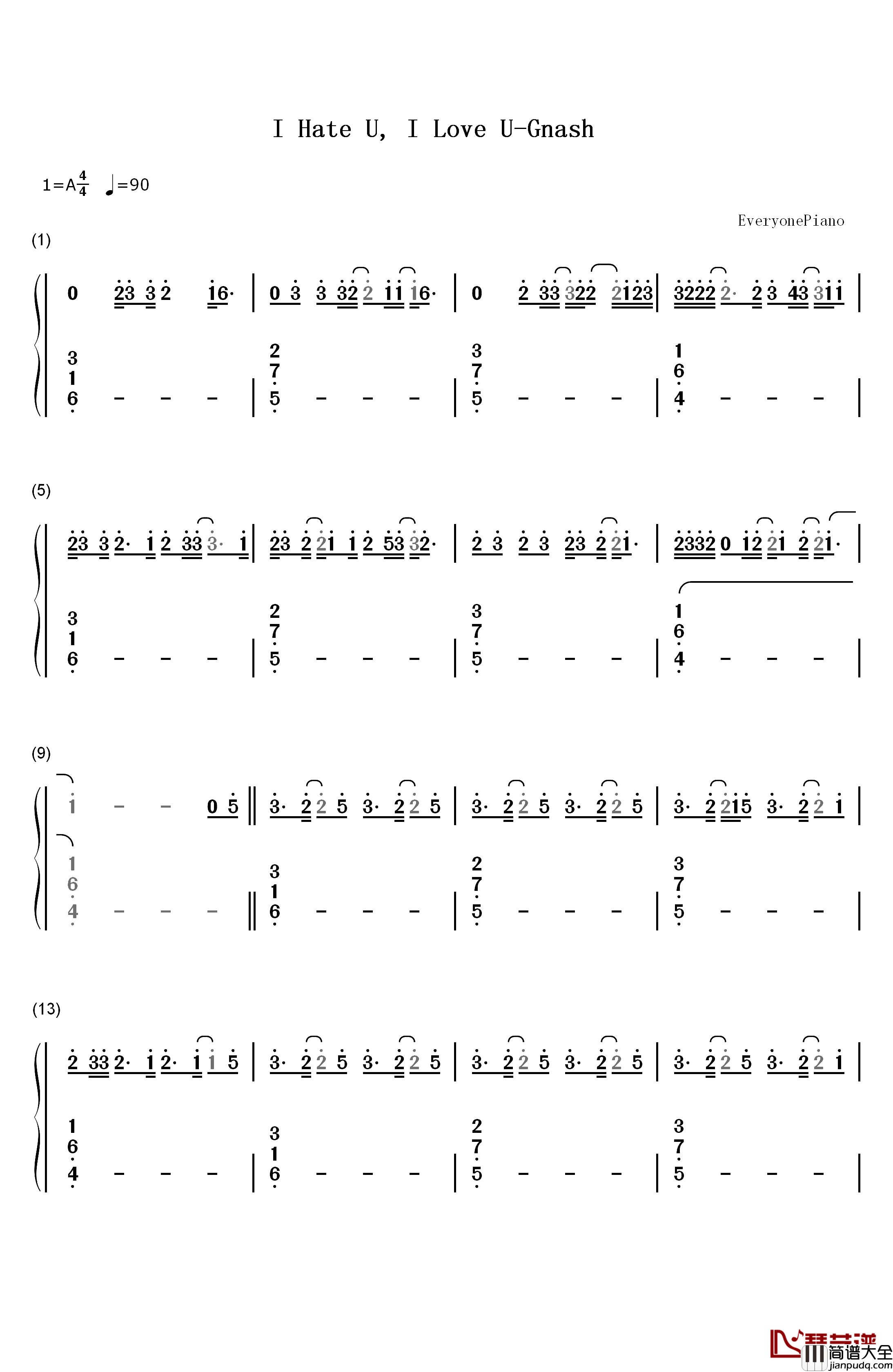 I_Hate_U__I_Love_U钢琴简谱_数字双手_Gnash
