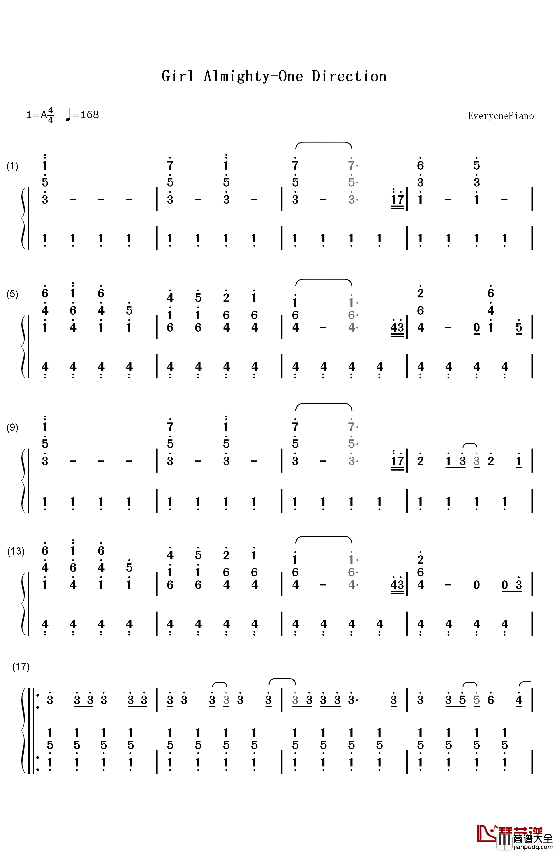 Girl_Almighty钢琴简谱_数字双手_One_Direction