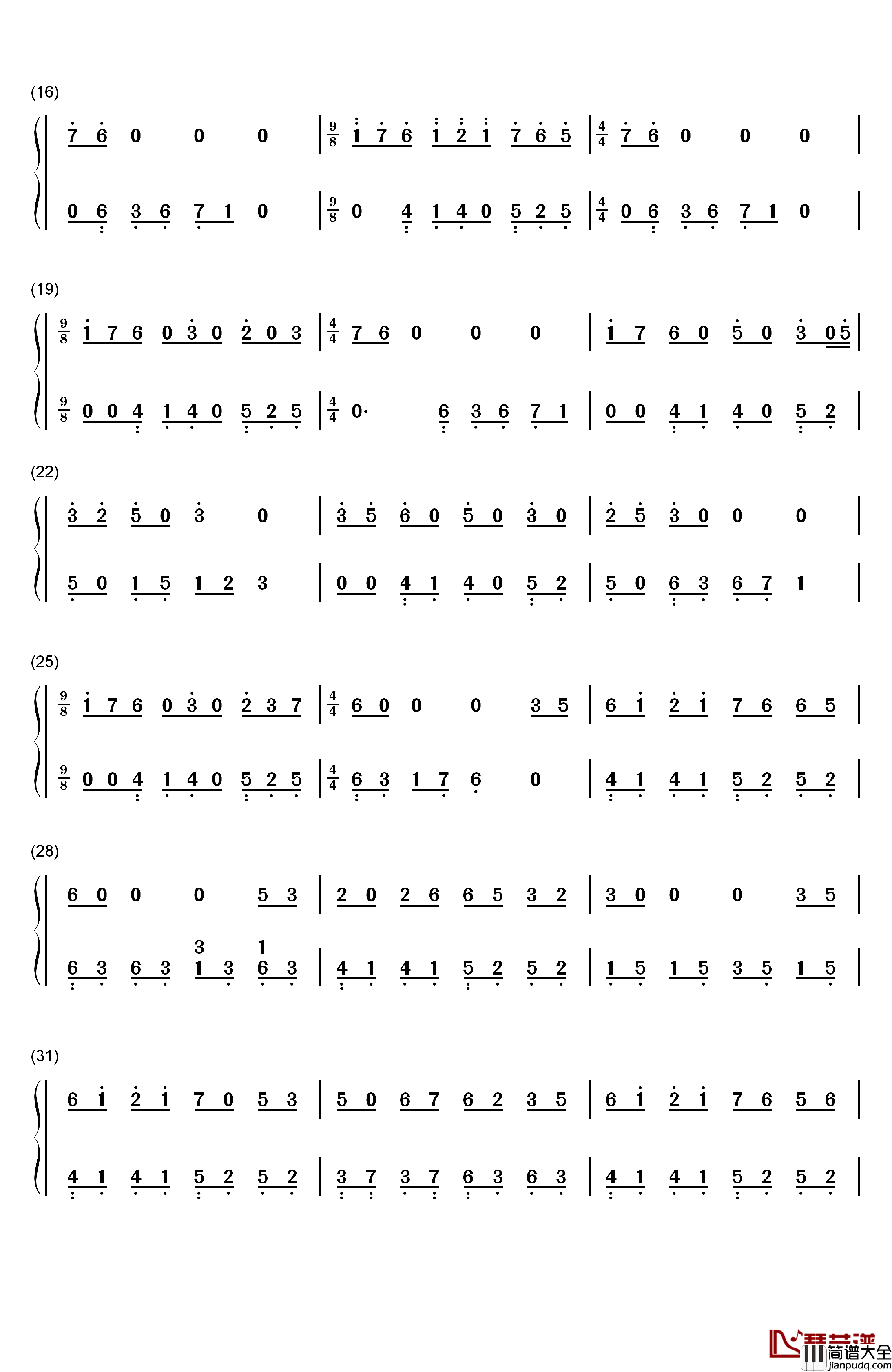 典狱司钢琴简谱_数字双手_音频怪物李楠