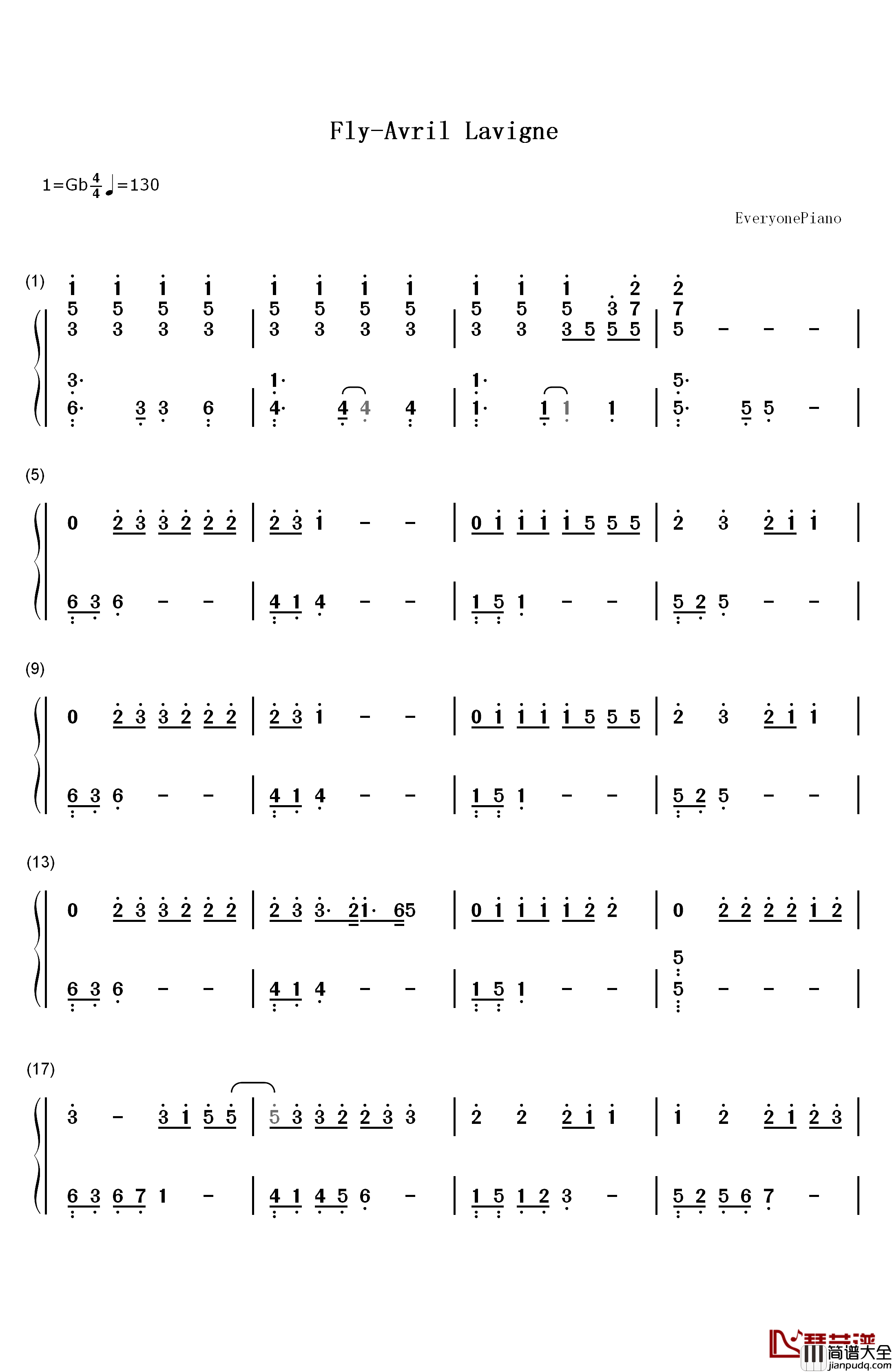 Fly钢琴简谱_数字双手_Avril_Lavigne