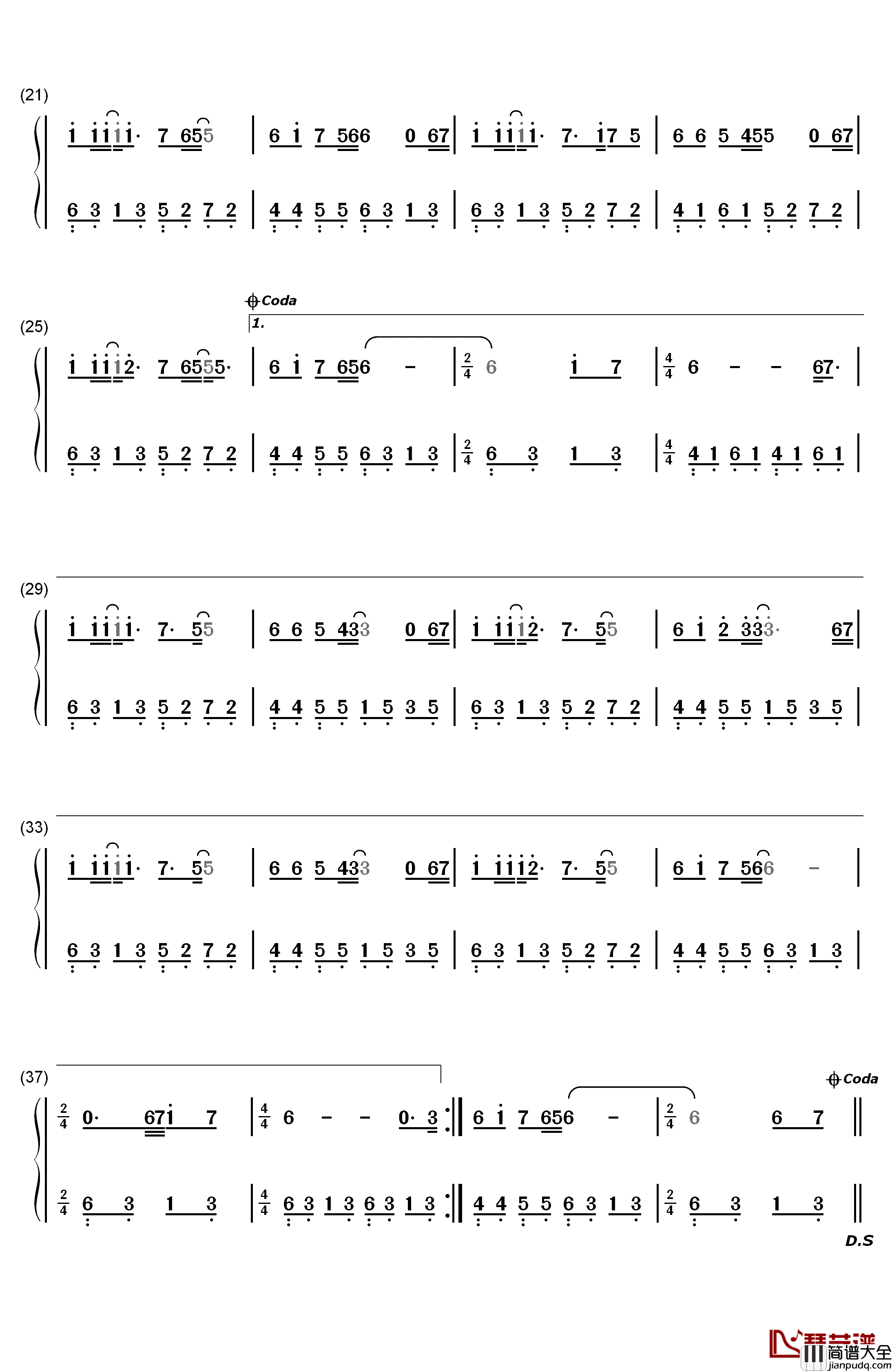 秋天不回来钢琴简谱_数字双手_王强