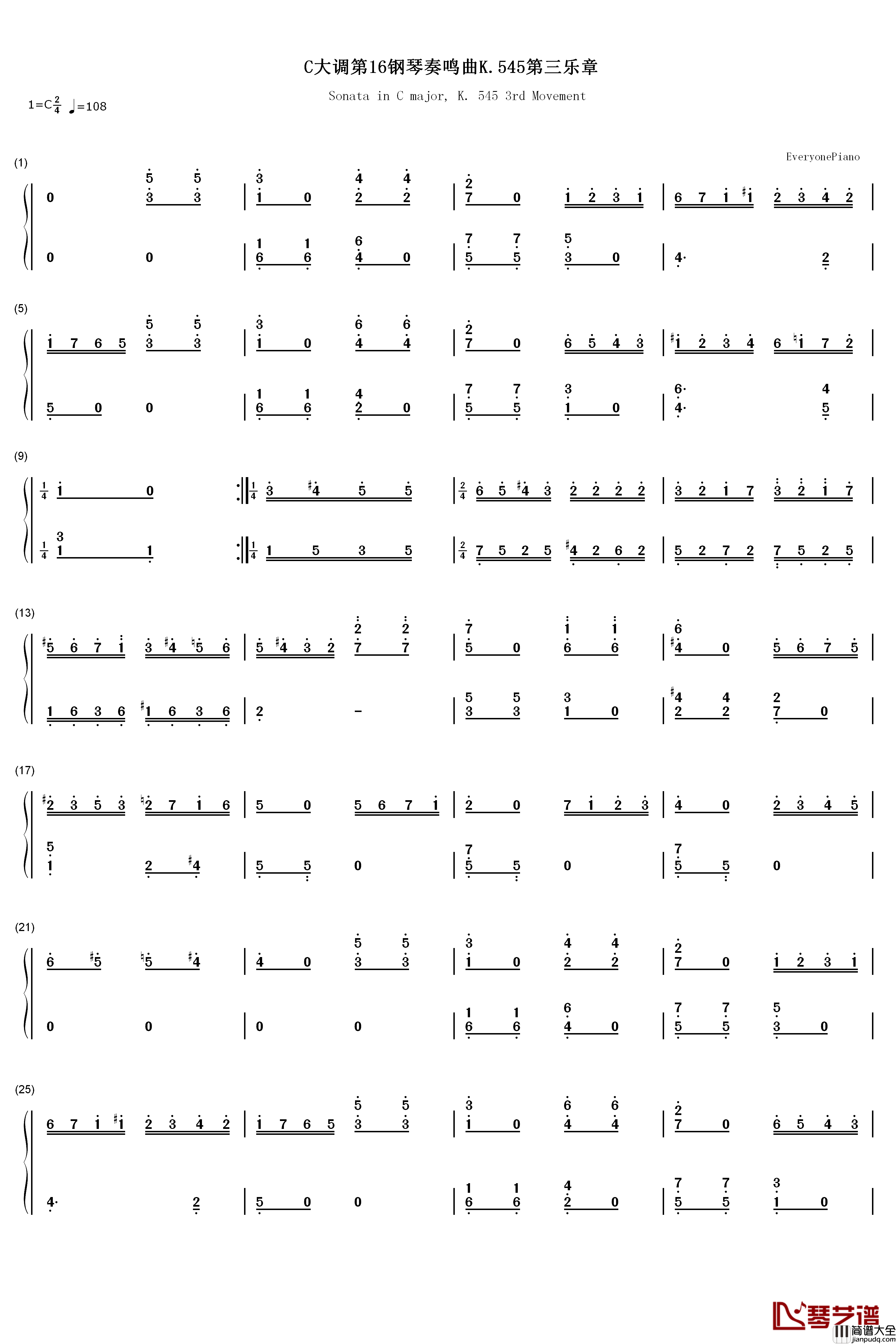 C大调奏鸣曲K.545第3乐章钢琴简谱_数字双手_莫扎特
