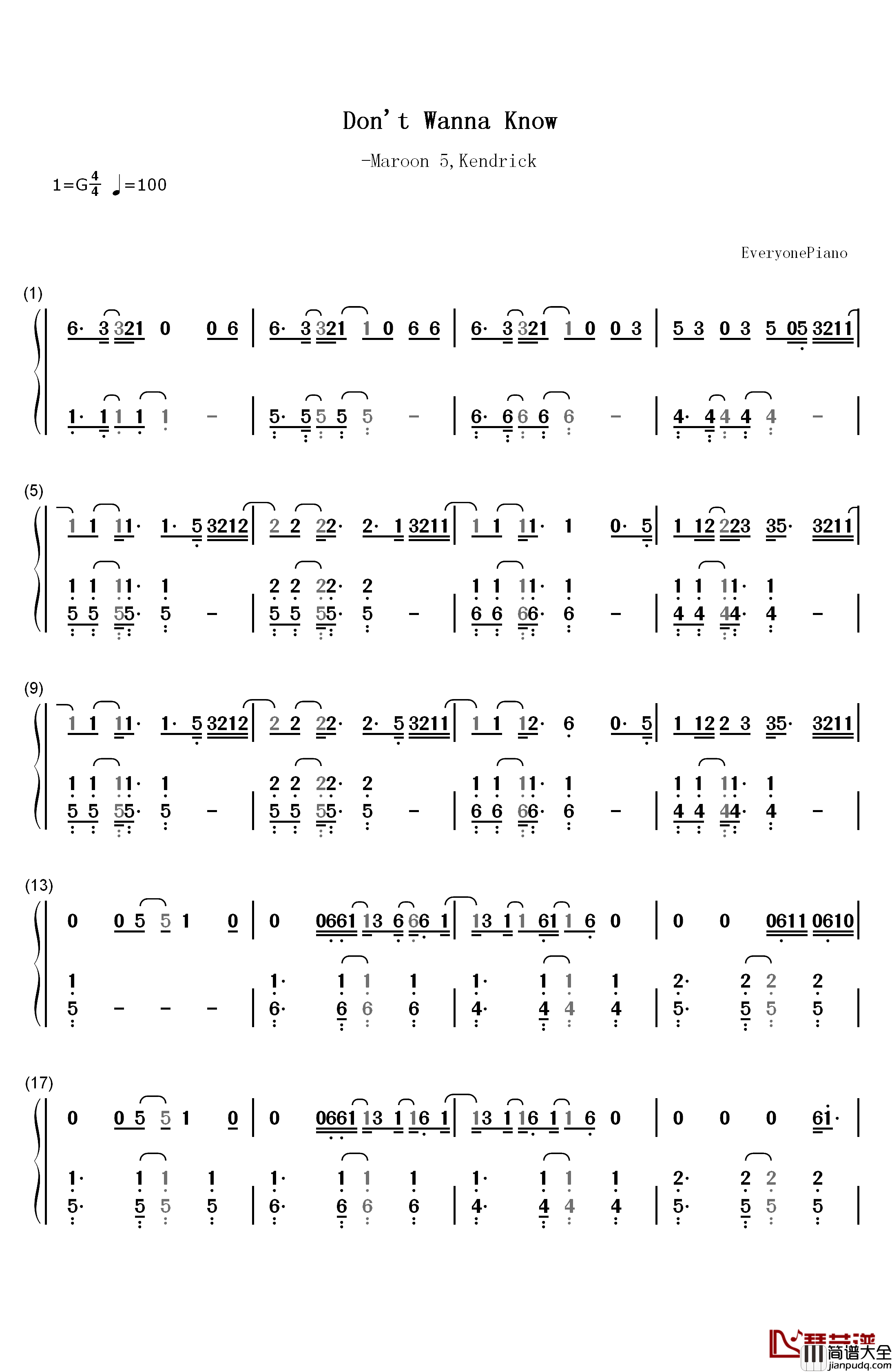 Don't_Wanna_Know钢琴简谱_数字双手_Maroon_5_Kendrick_Lamar