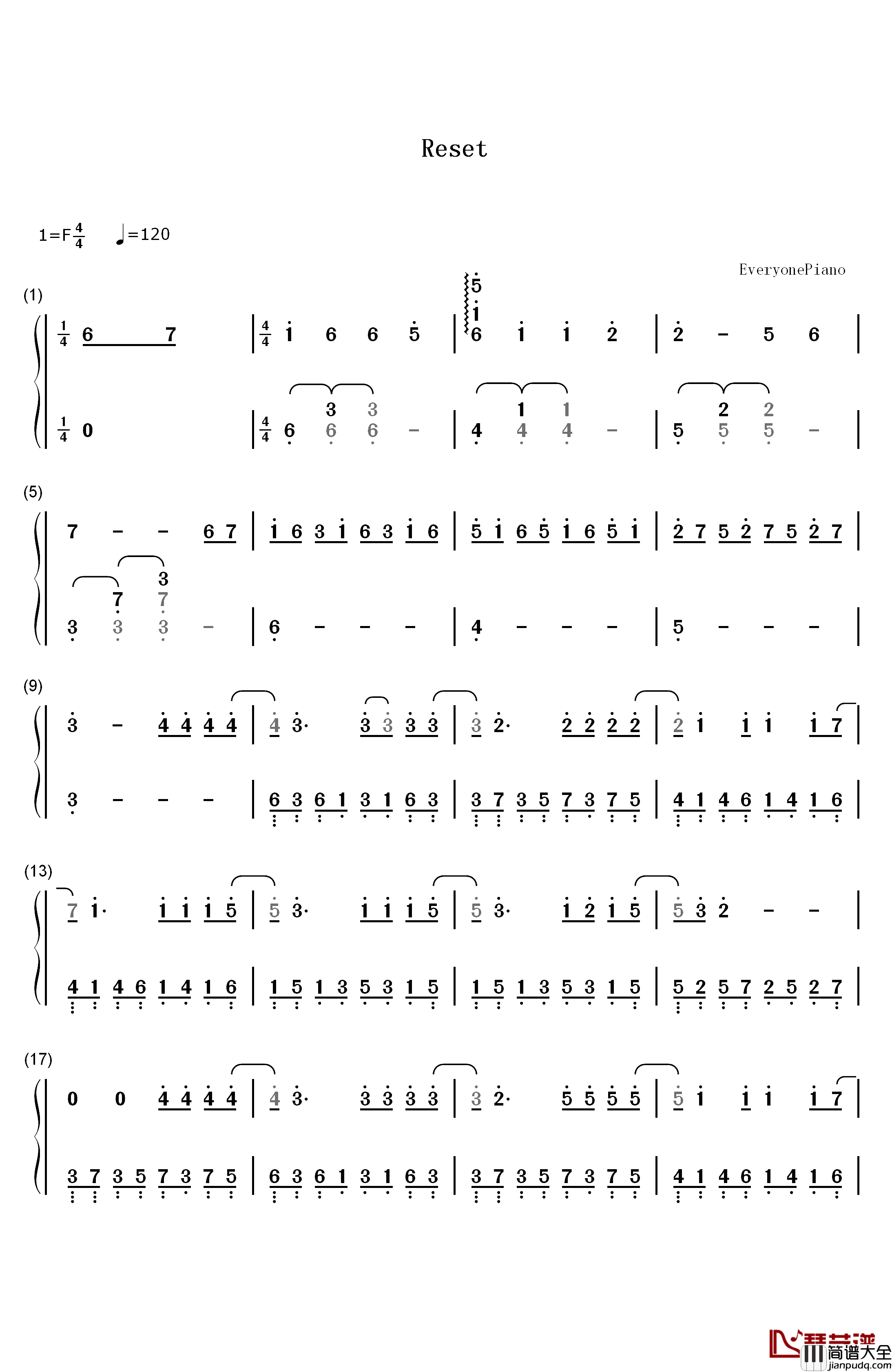 Reset钢琴简谱_数字双手_Tiger_JK_Feat._진실