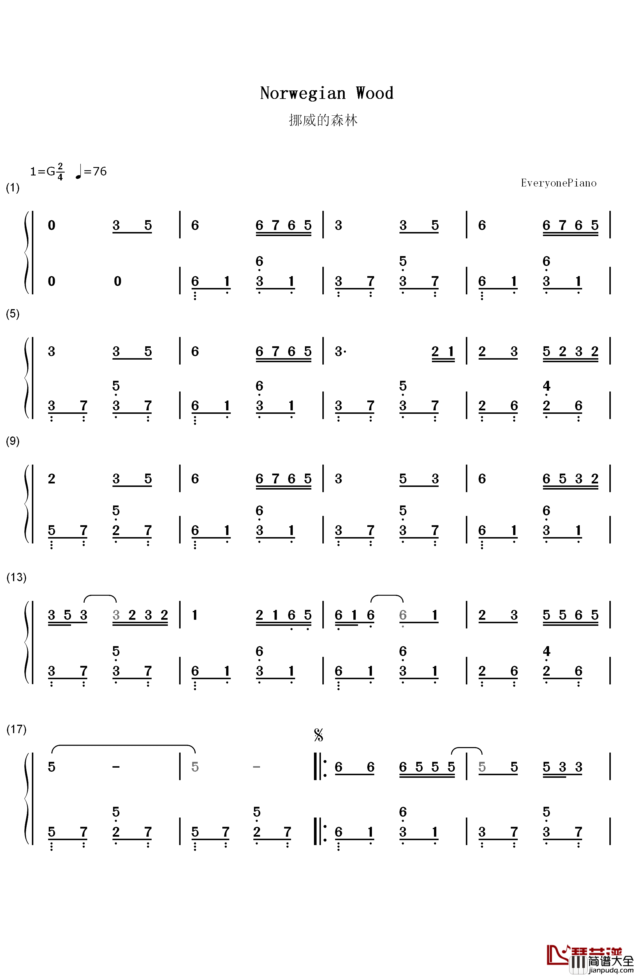 挪威的森林钢琴简谱_数字双手_伍佰