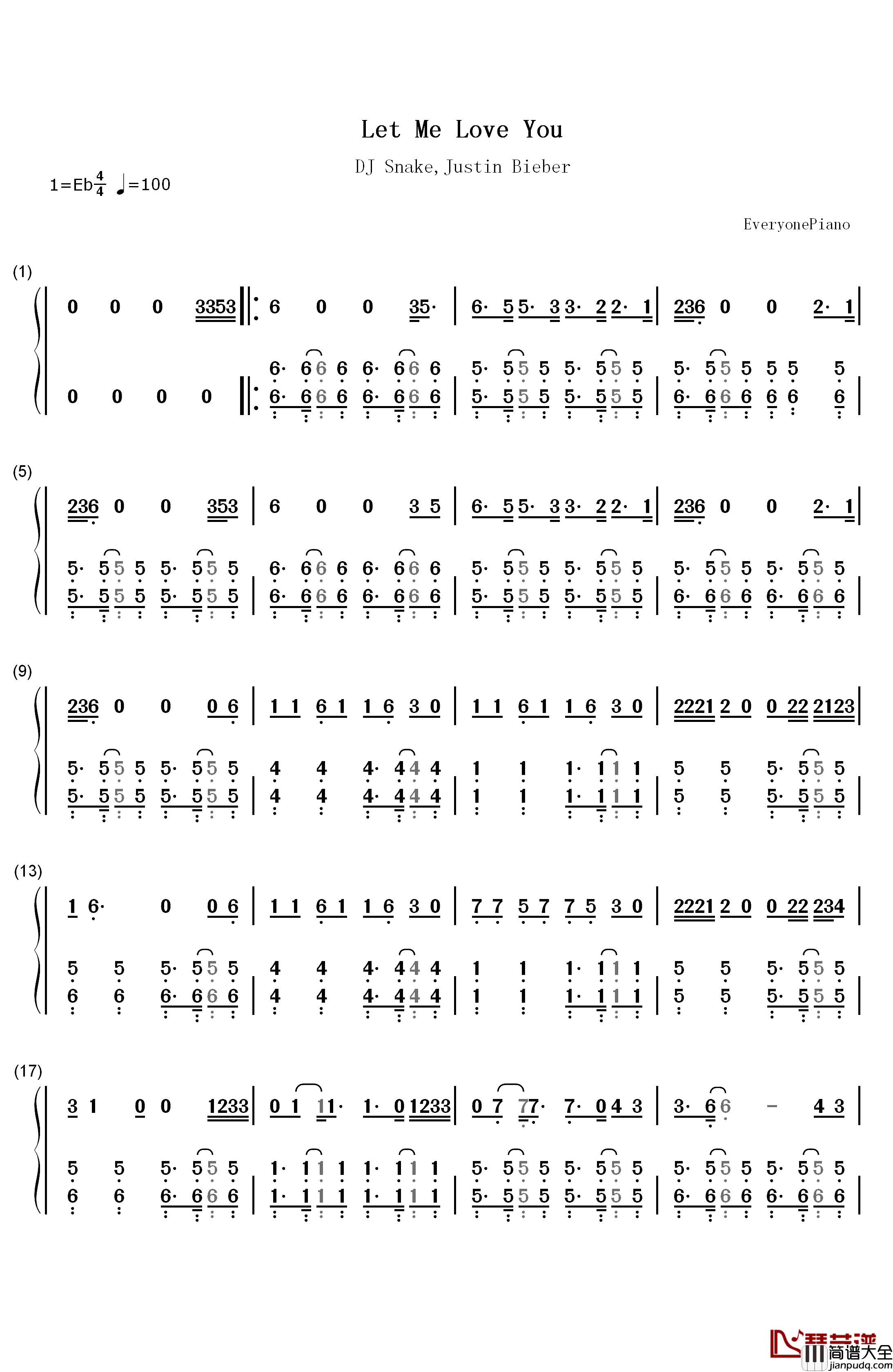 Let_Me_Love_You钢琴简谱_数字双手_DJ_Snake_Justin_Bieber