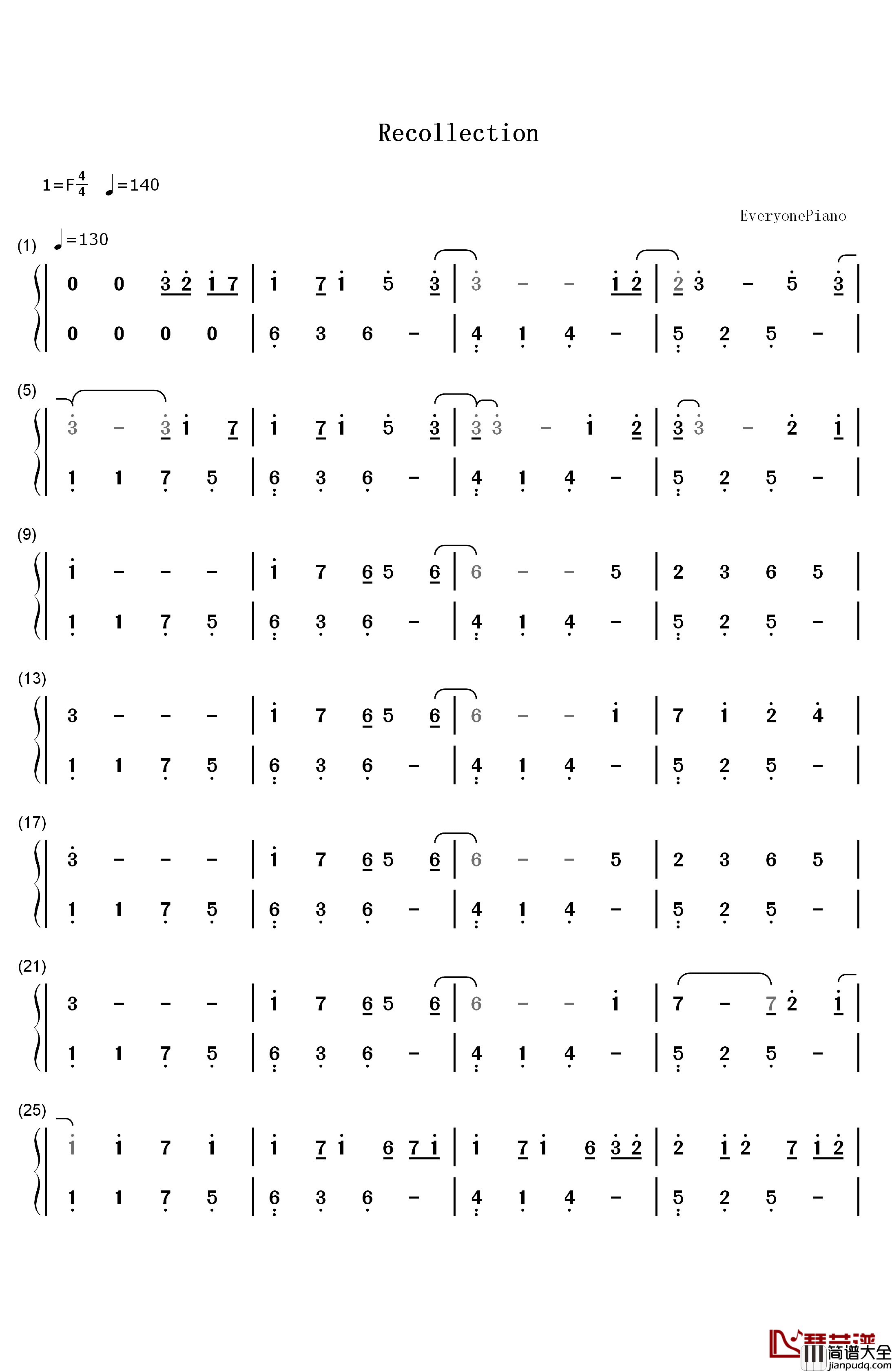 Recollection钢琴简谱_数字双手_October