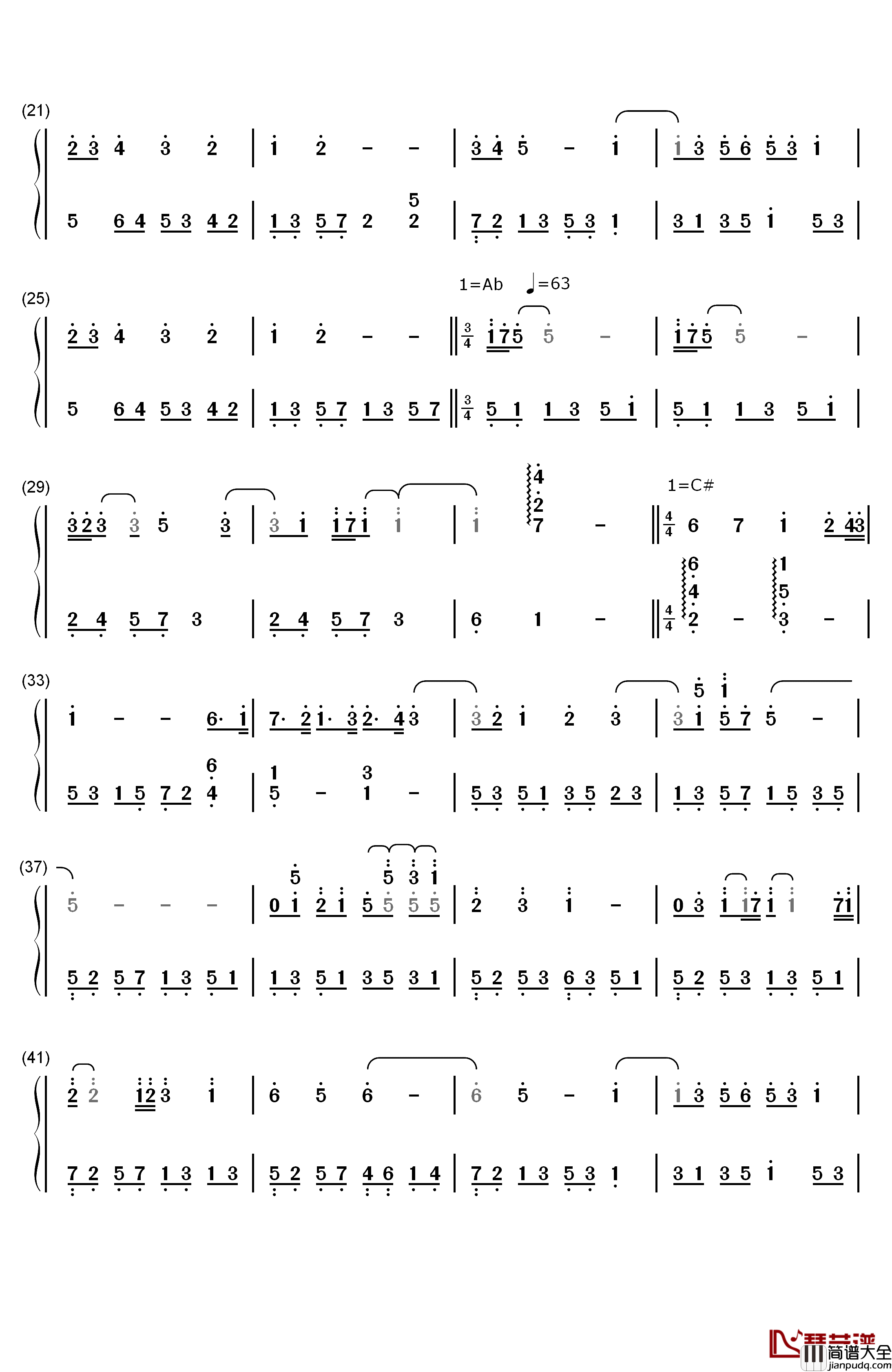 巴巴多斯岛的白沙钢琴简谱_数字双手_班得瑞