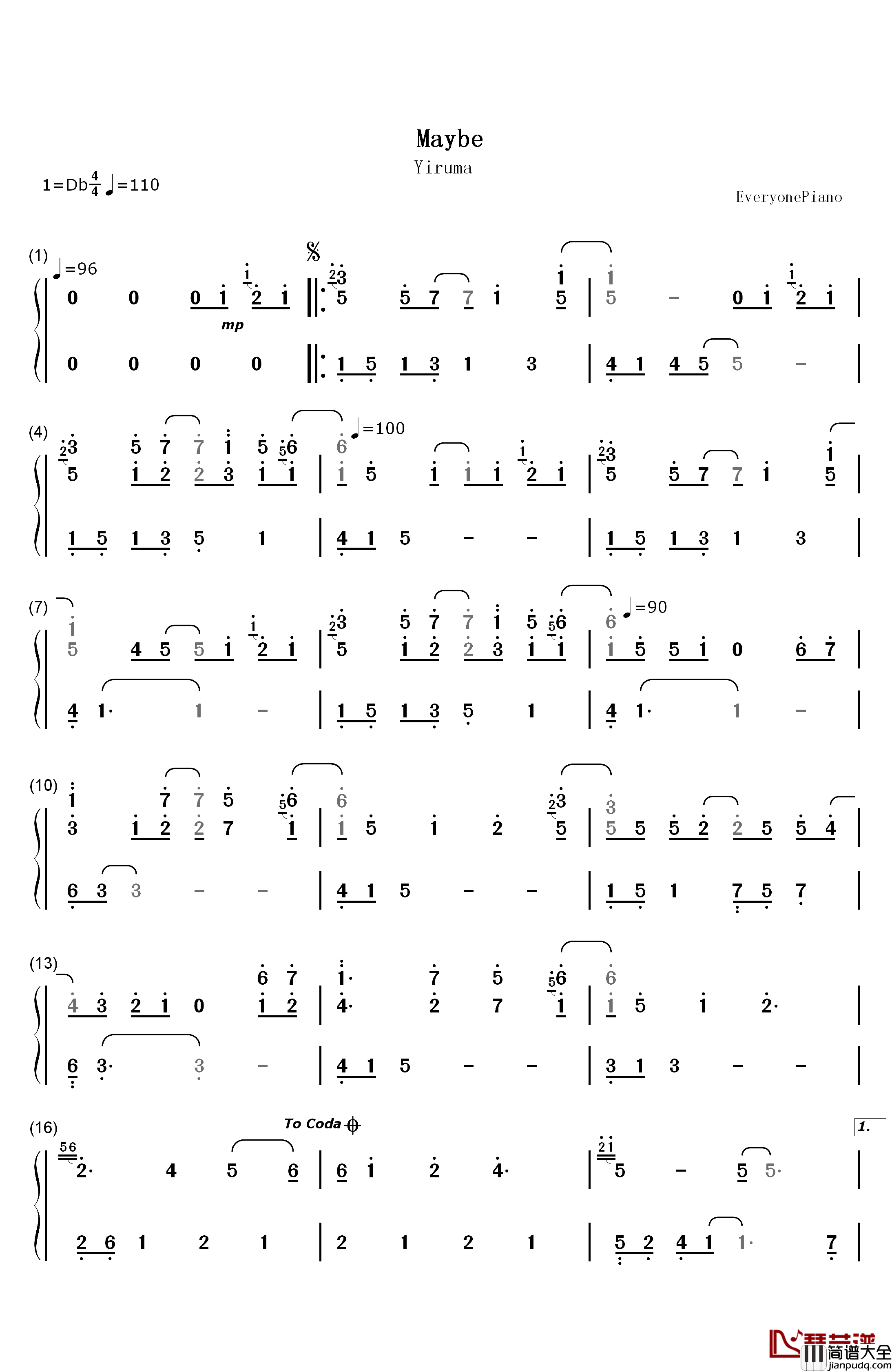 maybe钢琴简谱_数字双手_李闰珉