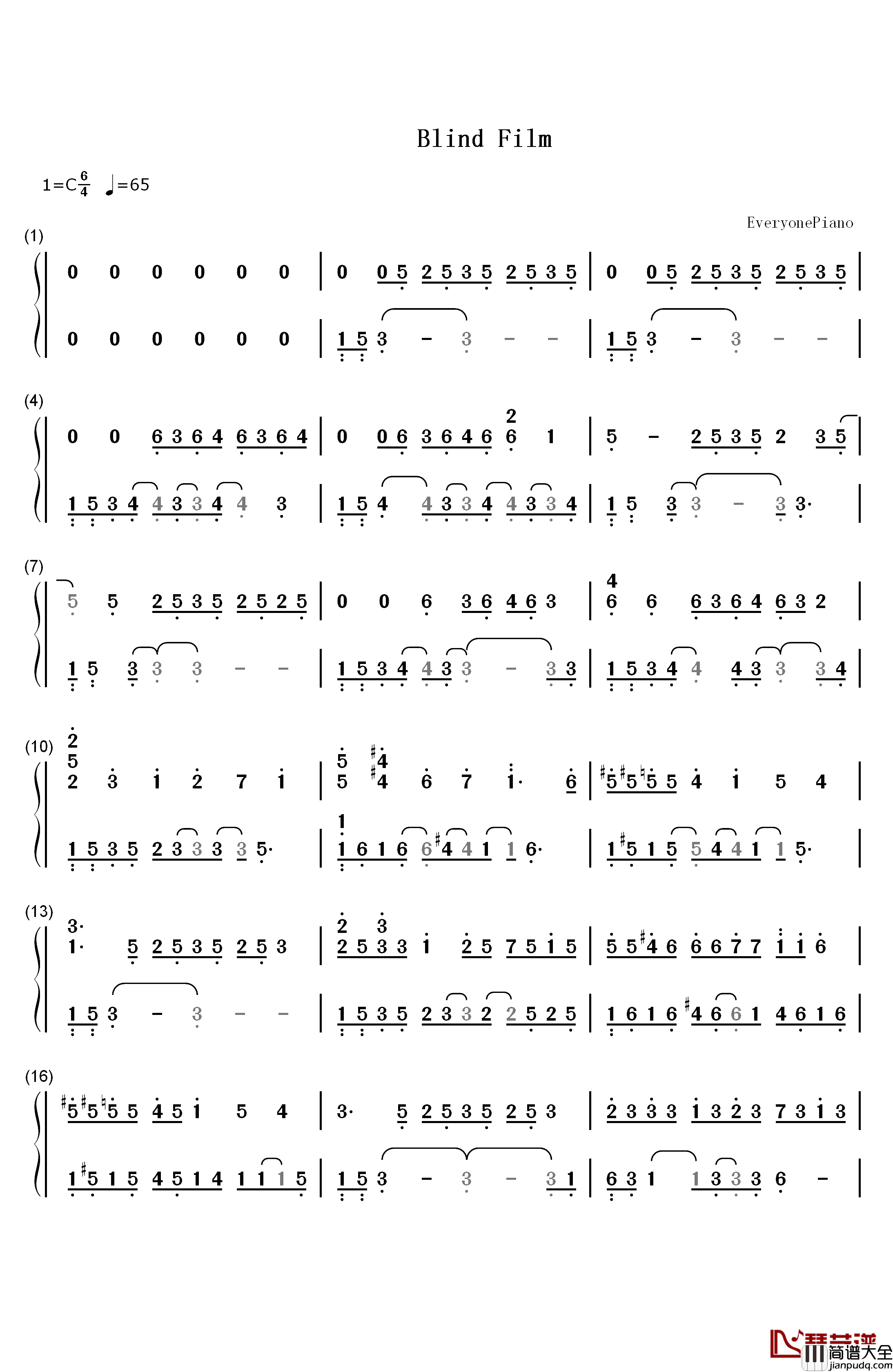 Blind_Film钢琴简谱_数字双手_Yiruma