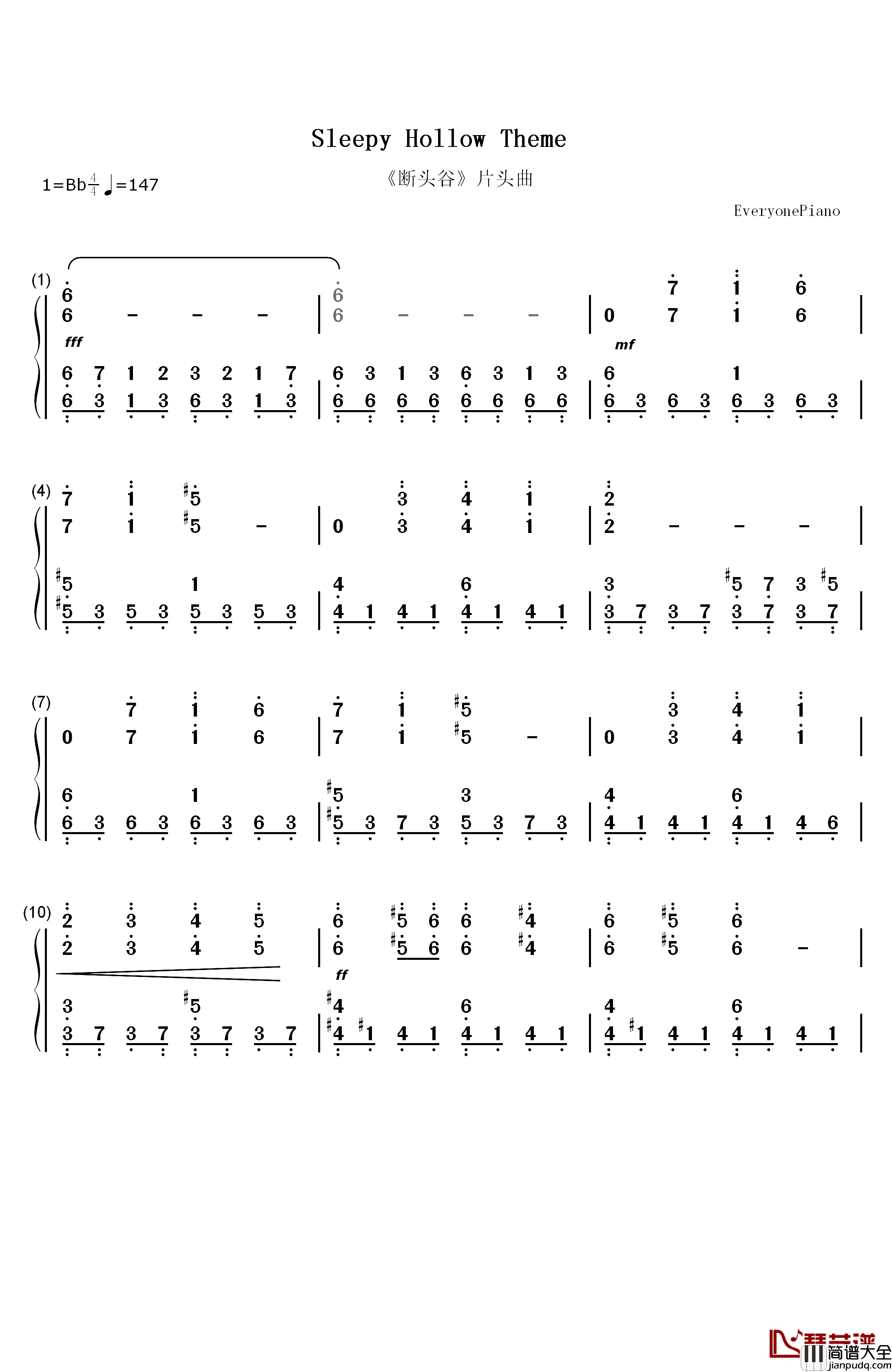 _Sleepy_Hollow断头谷_片头曲钢琴简谱_数字双手_Sleepy_Hollow