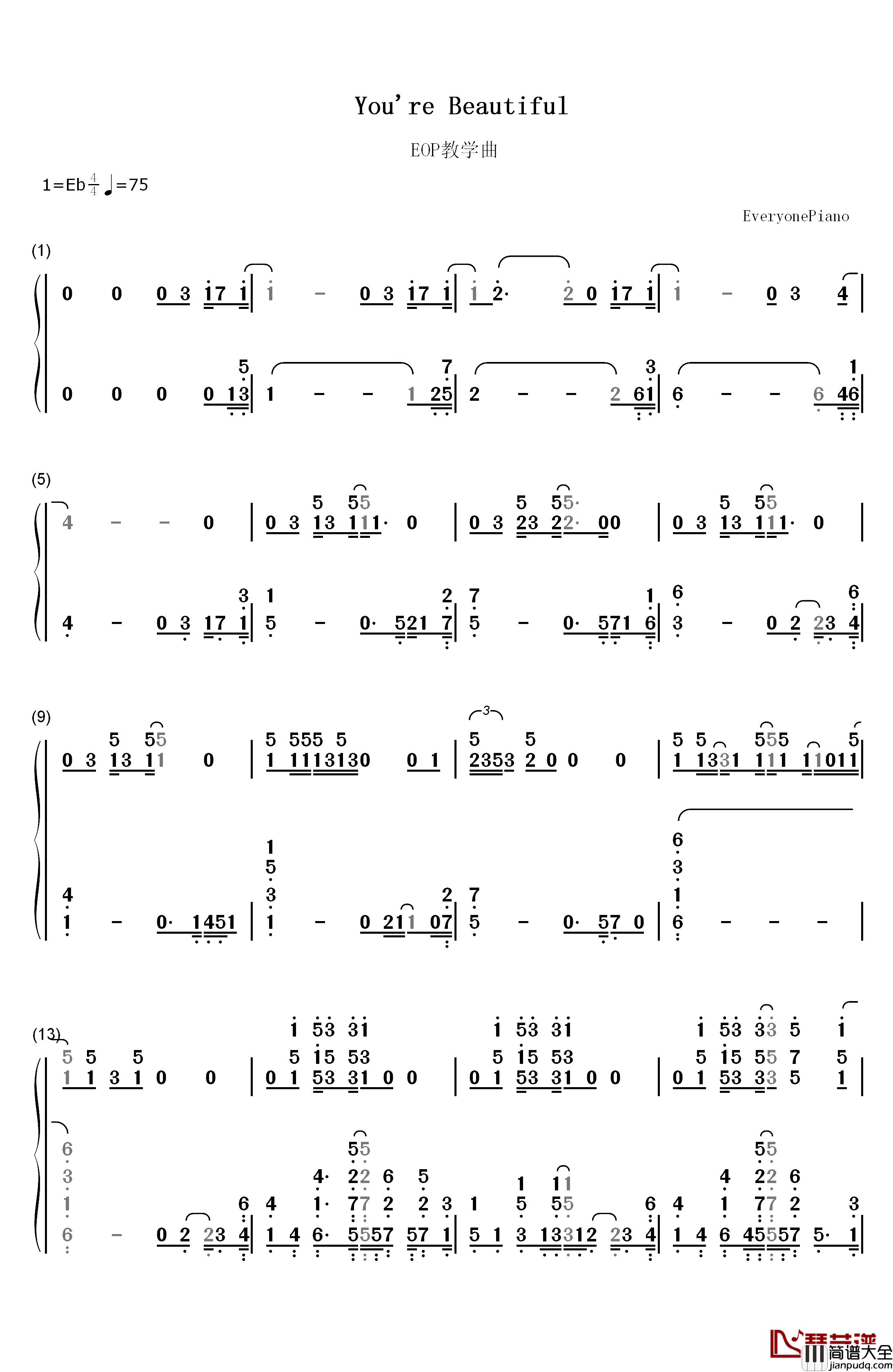 You're_Beautiful钢琴简谱_数字双手_James_Blunt