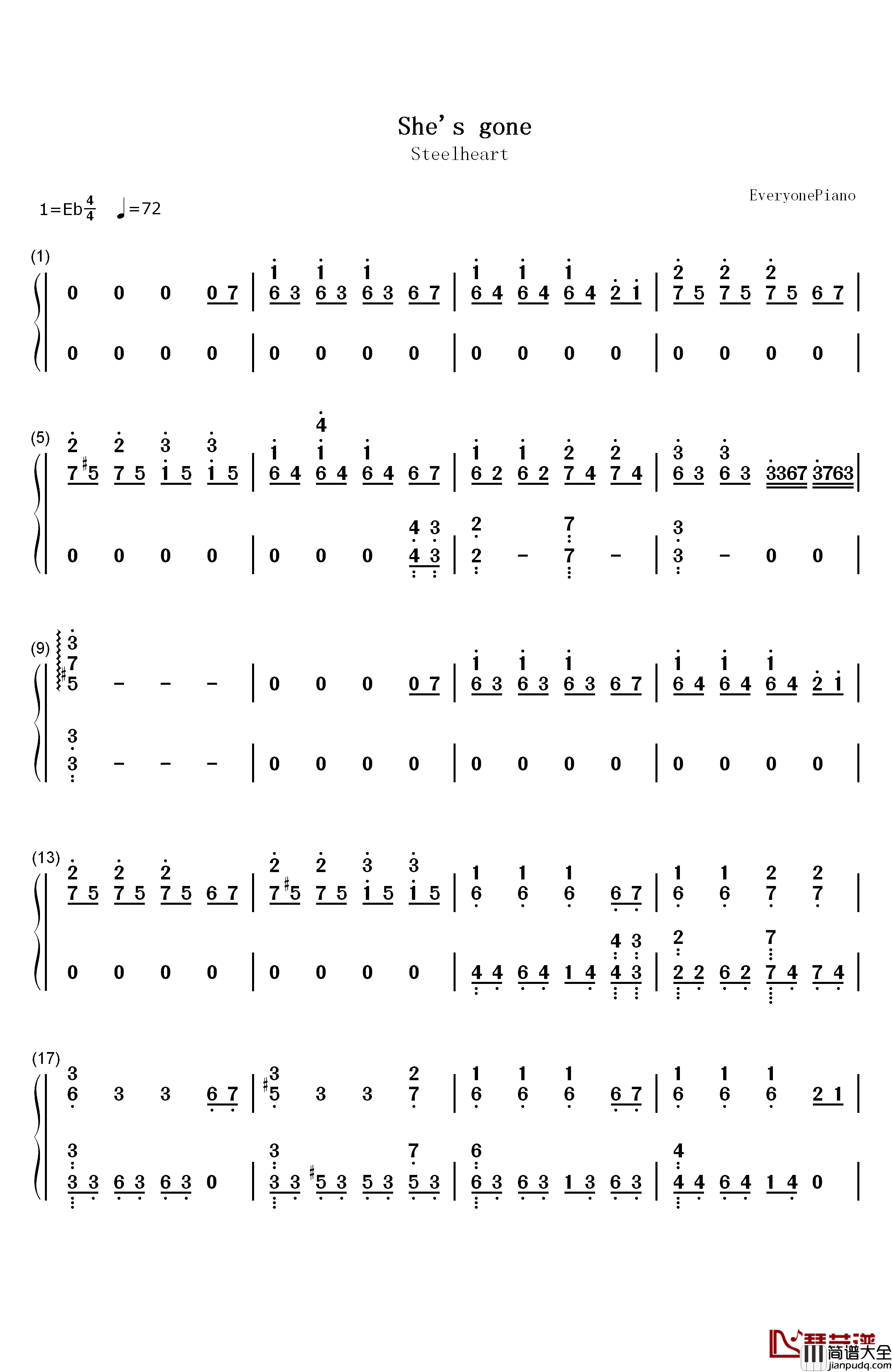 She's_Gone钢琴简谱_数字双手_Steelheart