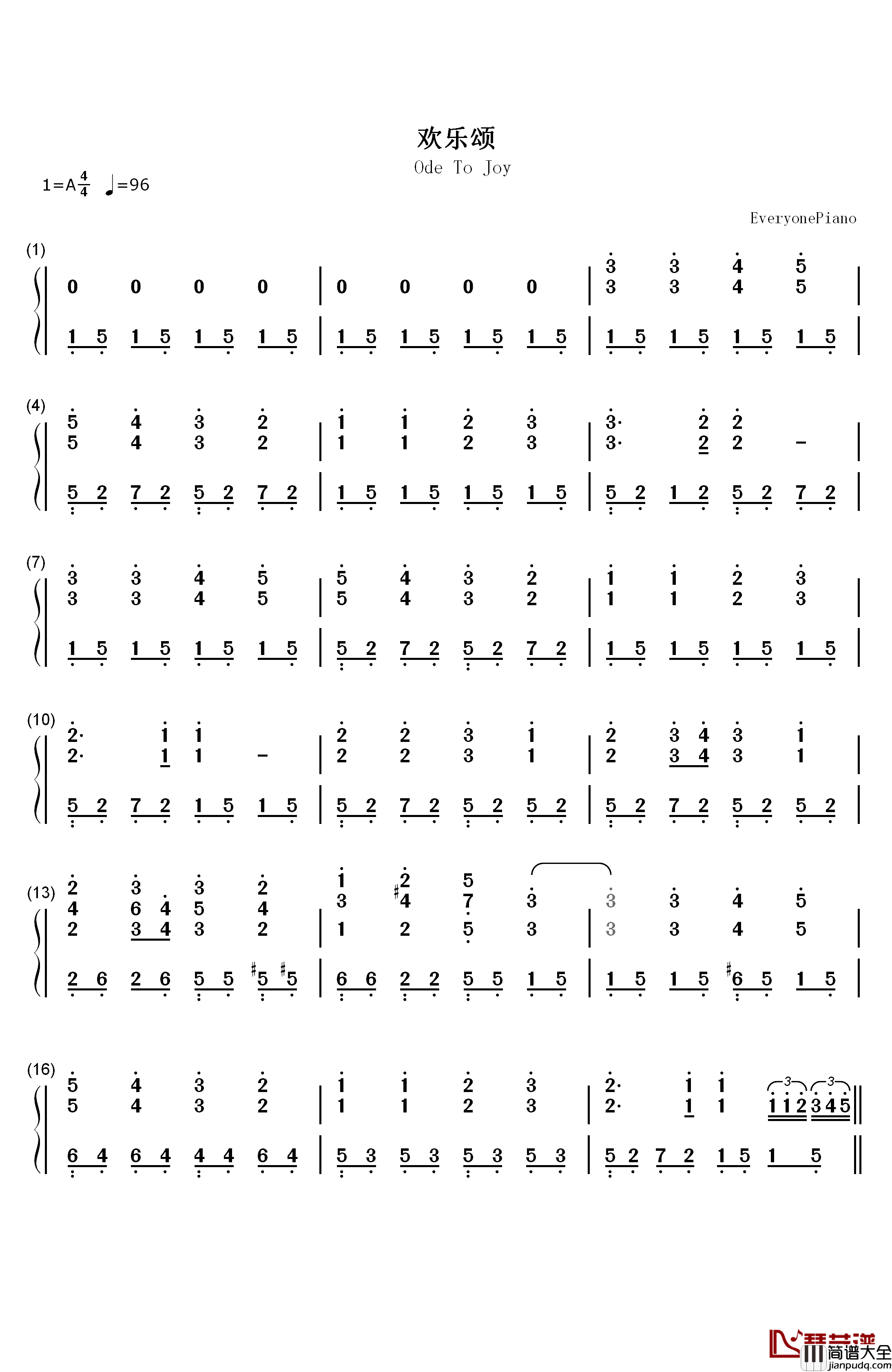 欢乐颂钢琴简谱_数字双手_理查德克莱德曼
