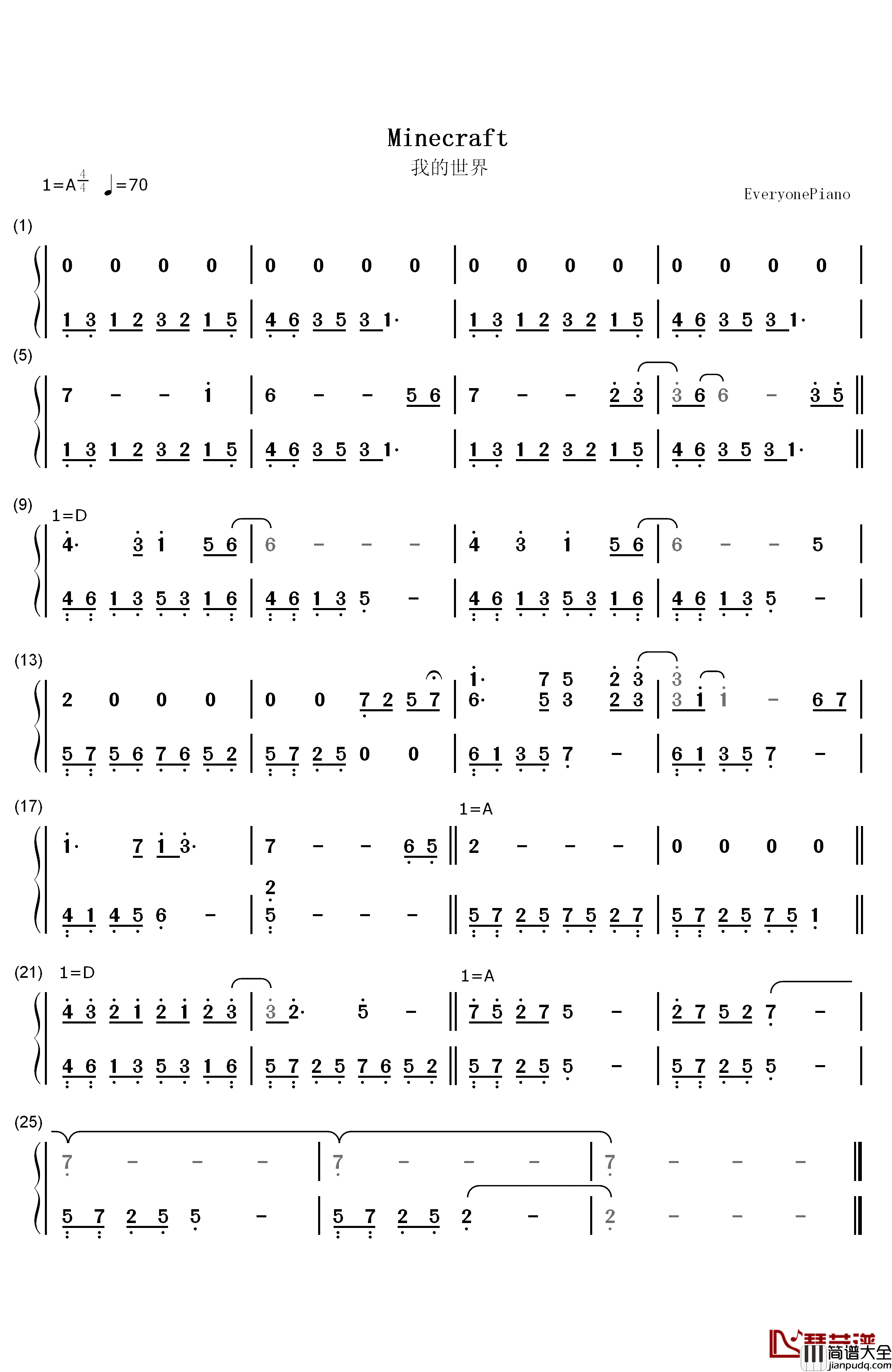 Minecraft背景音乐钢琴简谱_数字双手_丹尼尔•罗森菲尔德