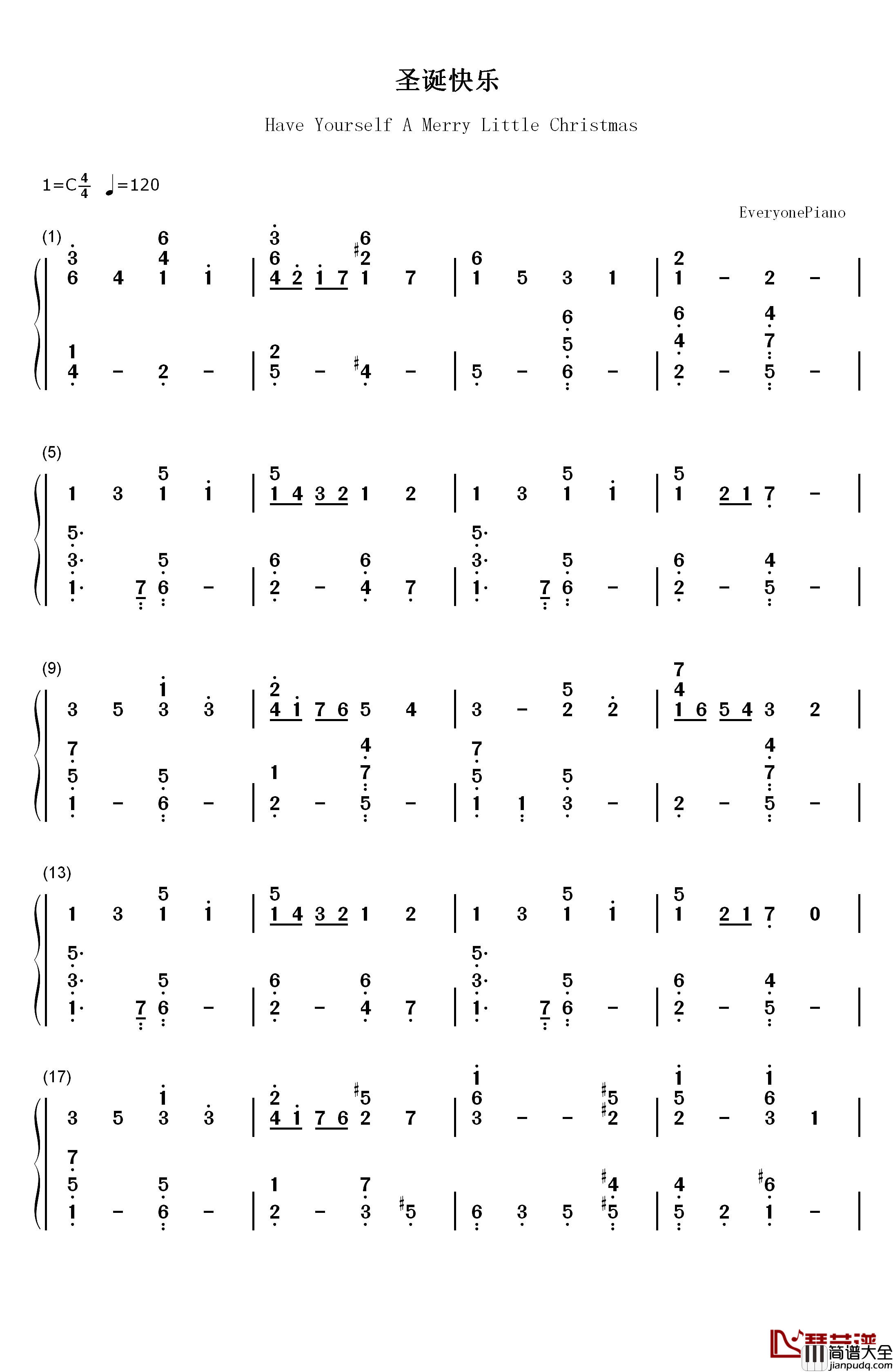 圣诞快乐钢琴简谱_数字双手_茱蒂嘉兰__Judy_Garland