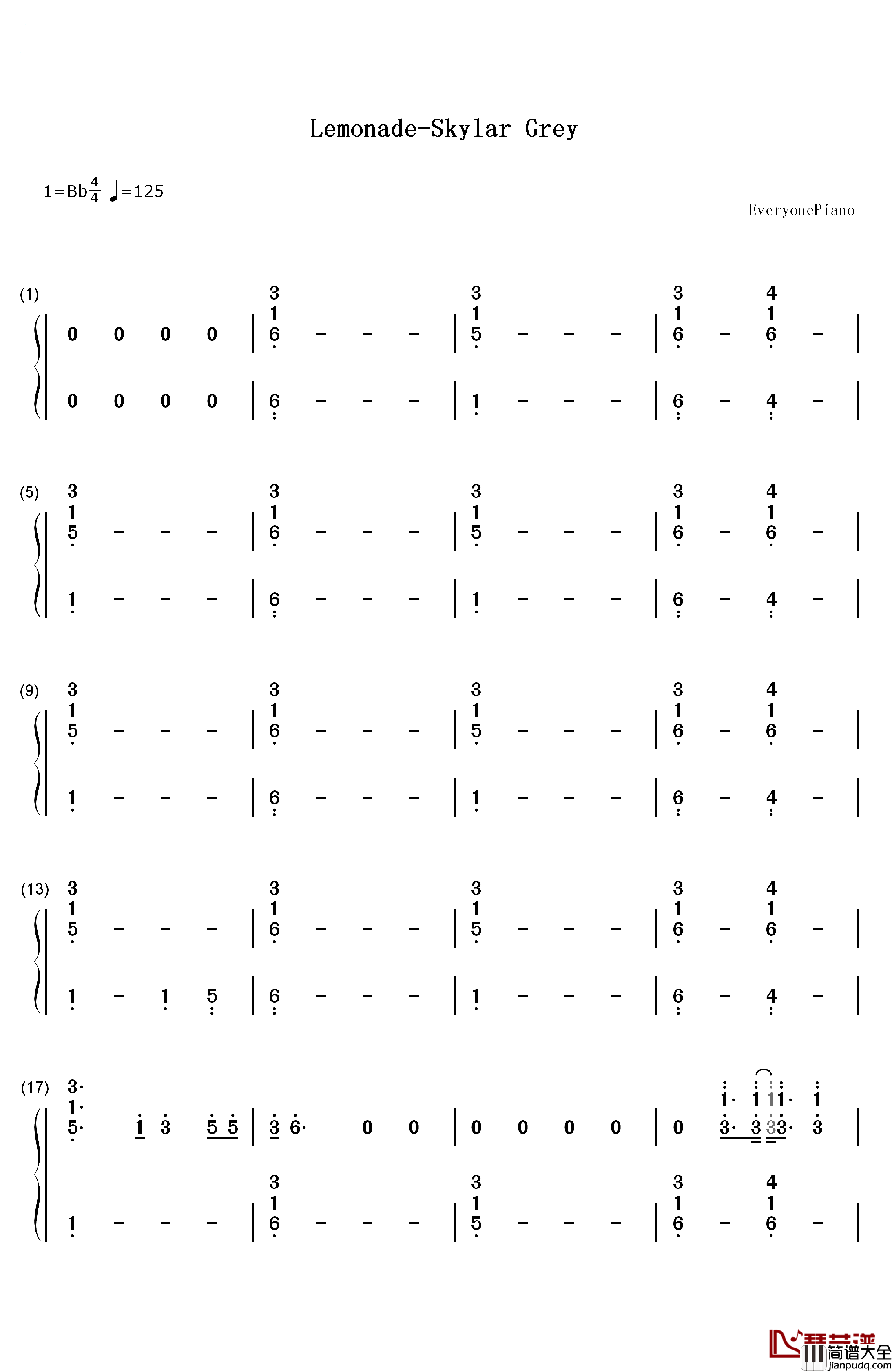 Lemonade钢琴简谱_数字双手_Skylar_Grey