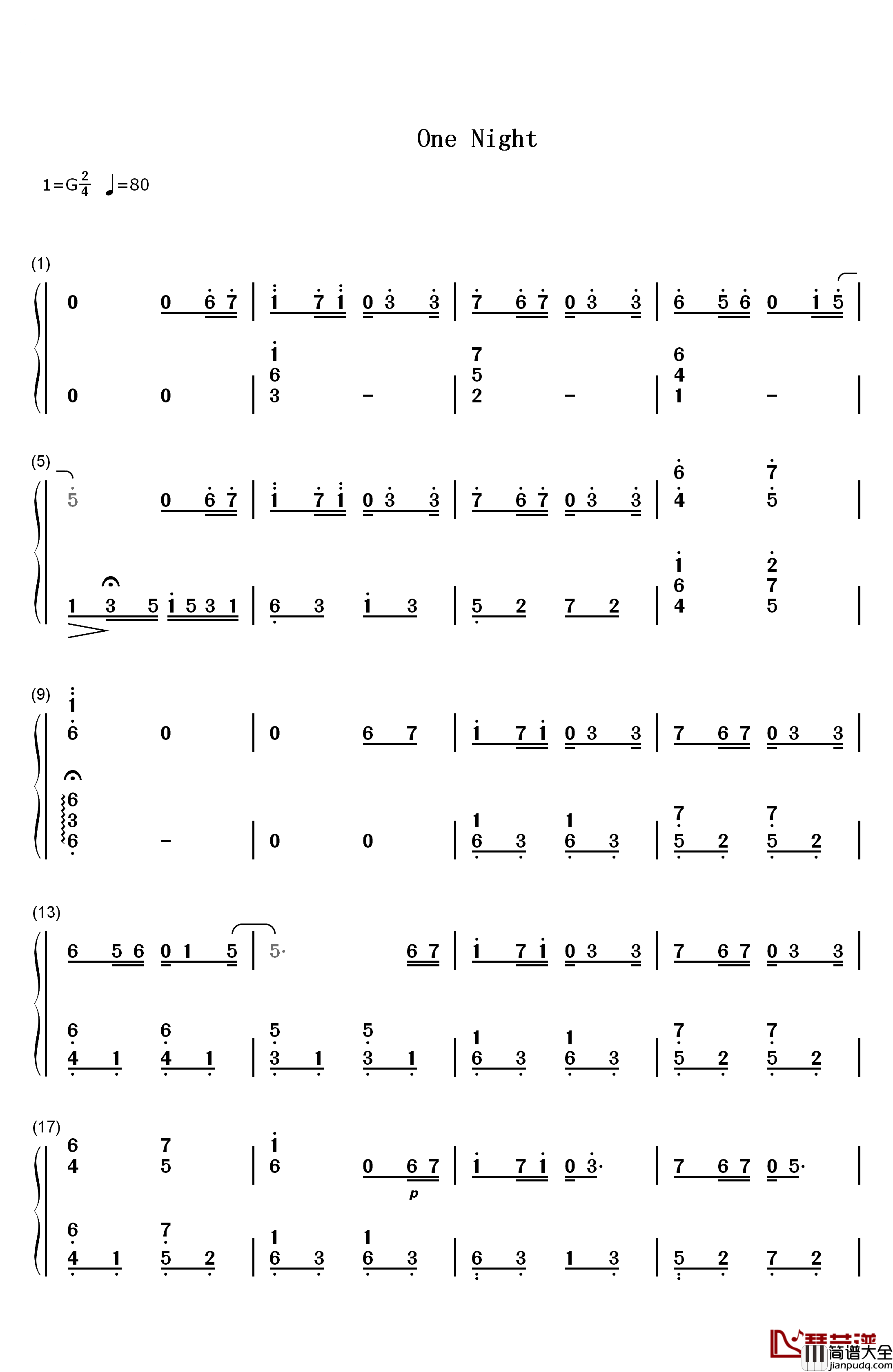 One_Night钢琴简谱_数字双手_加贺谷_玲