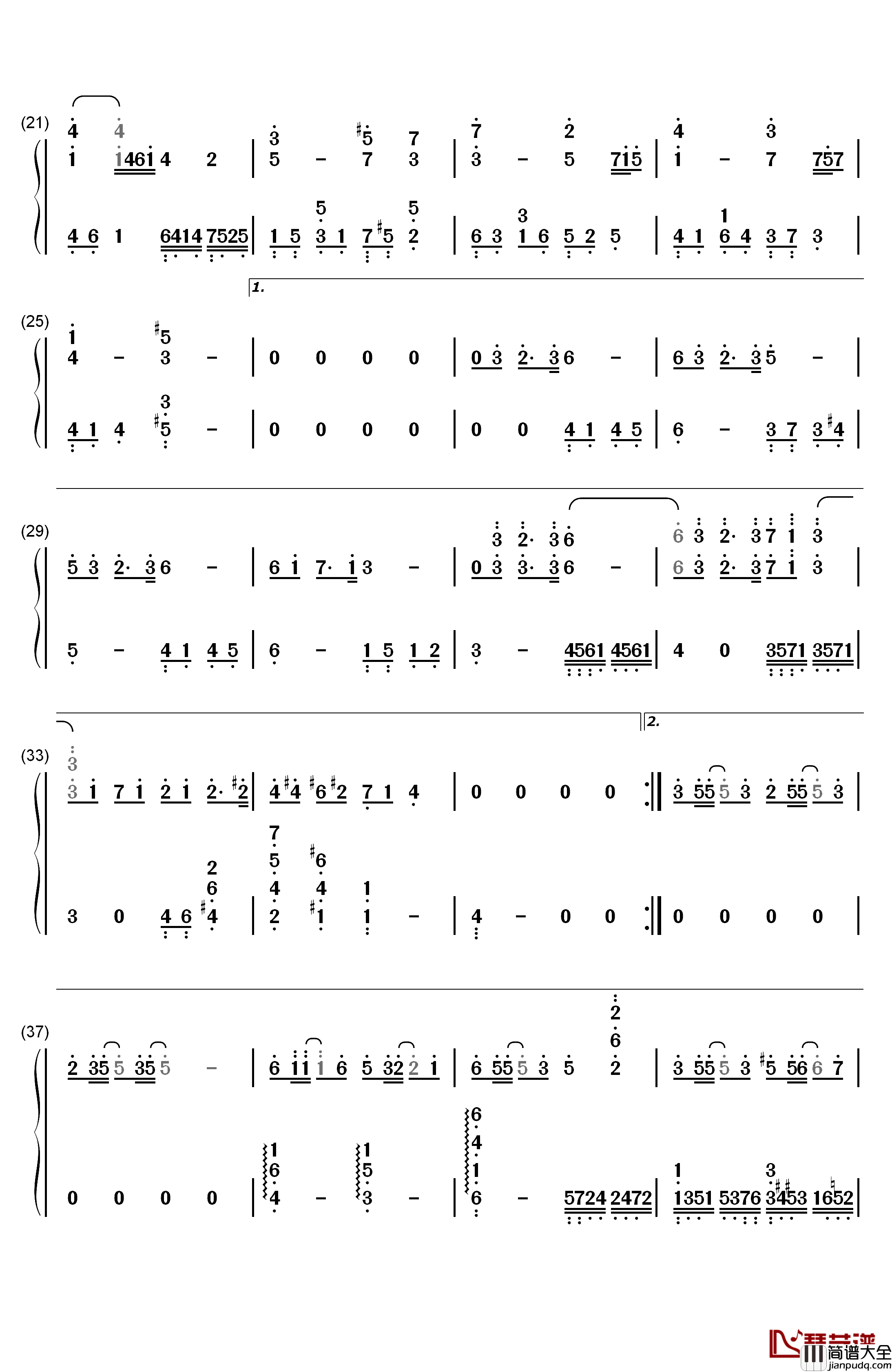 落叶归根（女生版）钢琴简谱_数字双手_王力宏