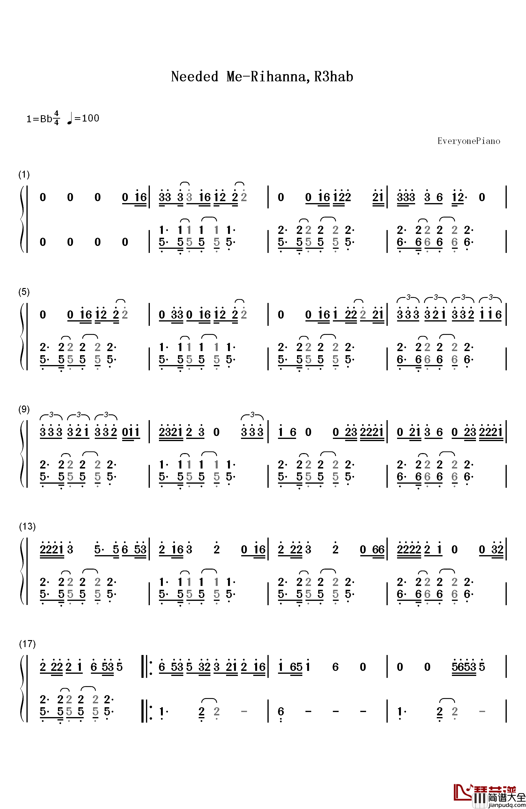 Needed_Me钢琴简谱_数字双手_Rihanna_R3hab