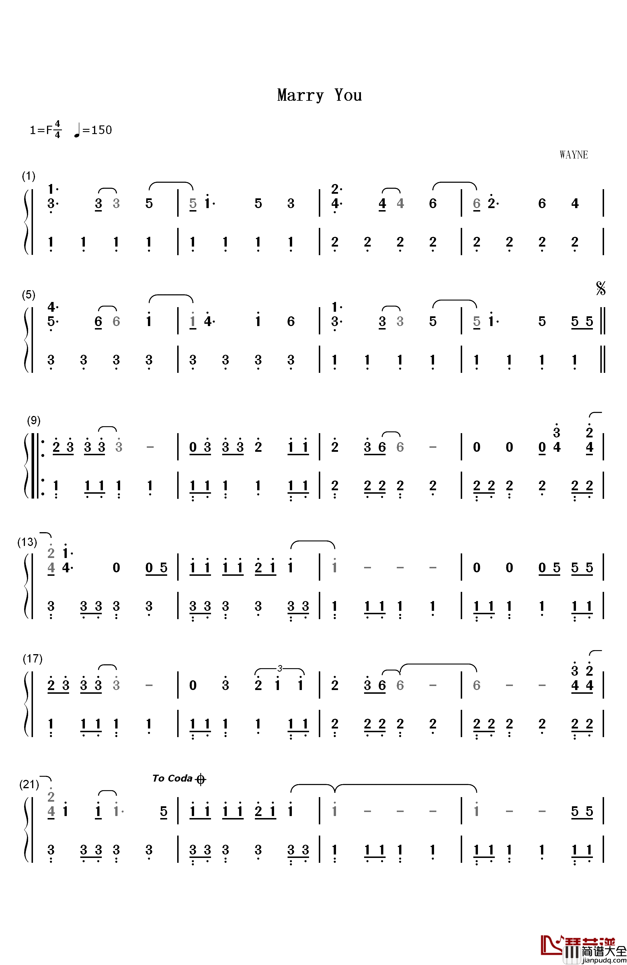 Marry_You_钢琴简谱_数字双手_Bruno_Mars