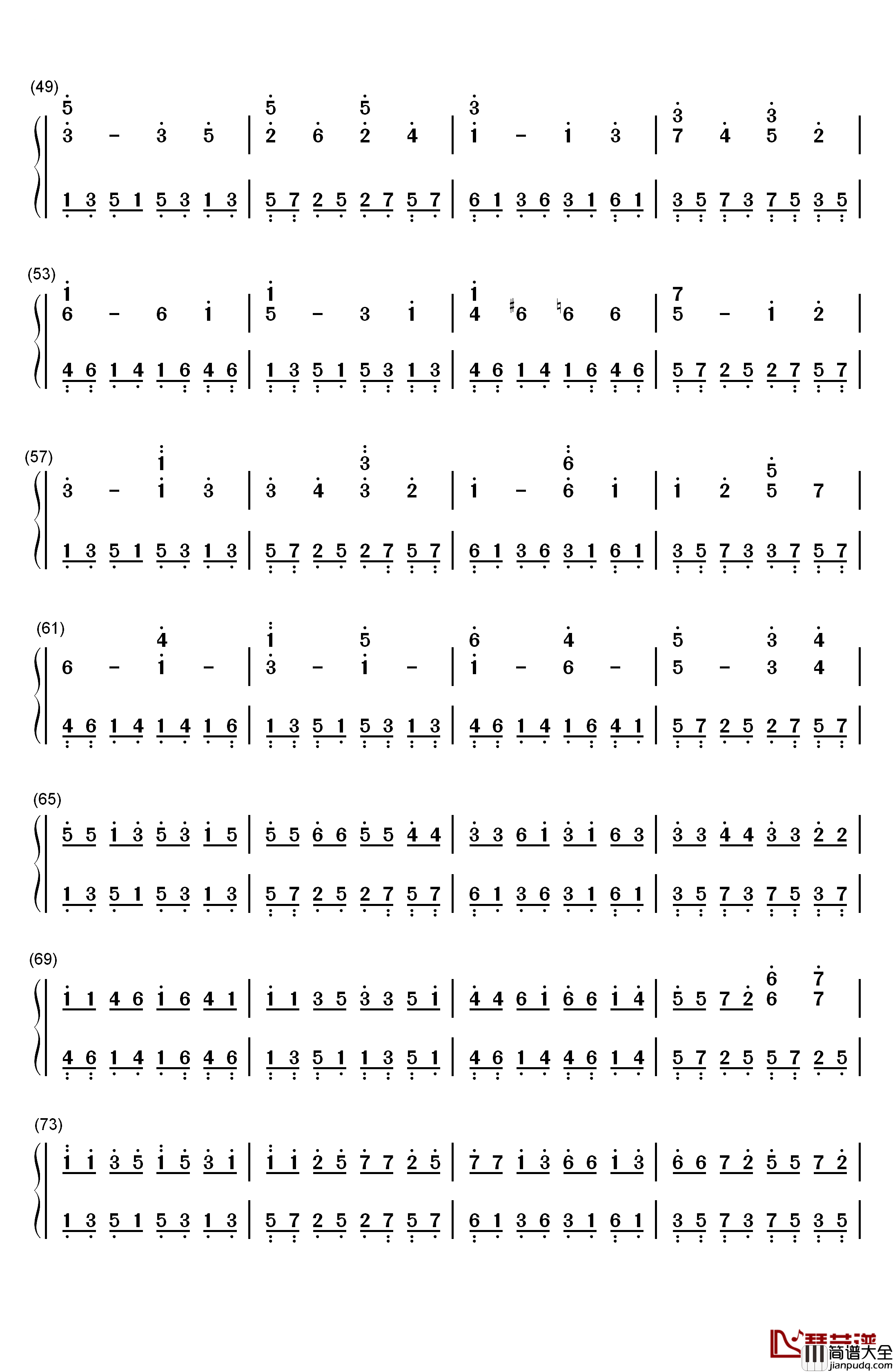 D大调卡农钢琴简谱_数字双手_帕赫贝尔