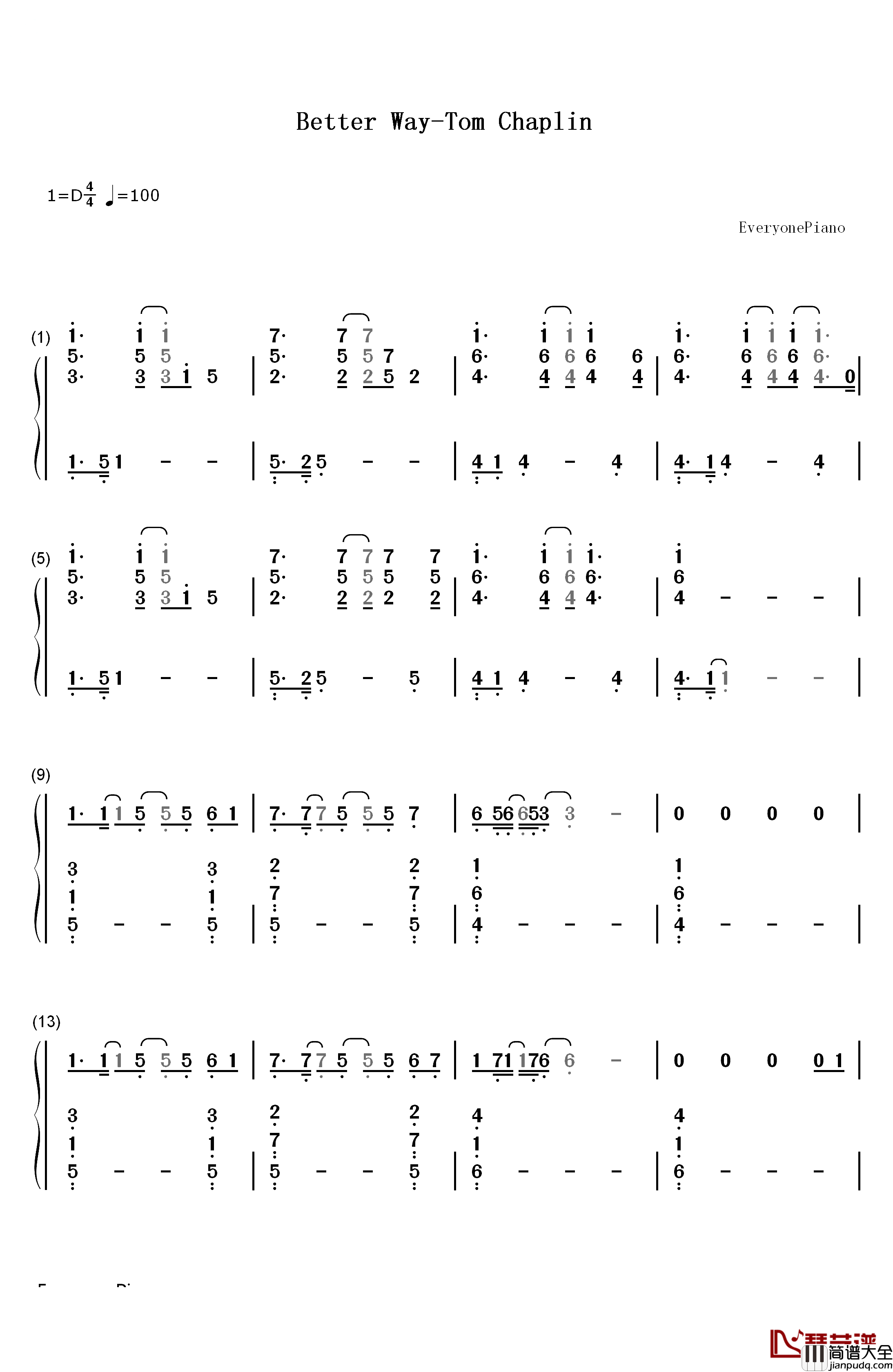 Better_Way钢琴简谱_数字双手_Tom_Chaplin