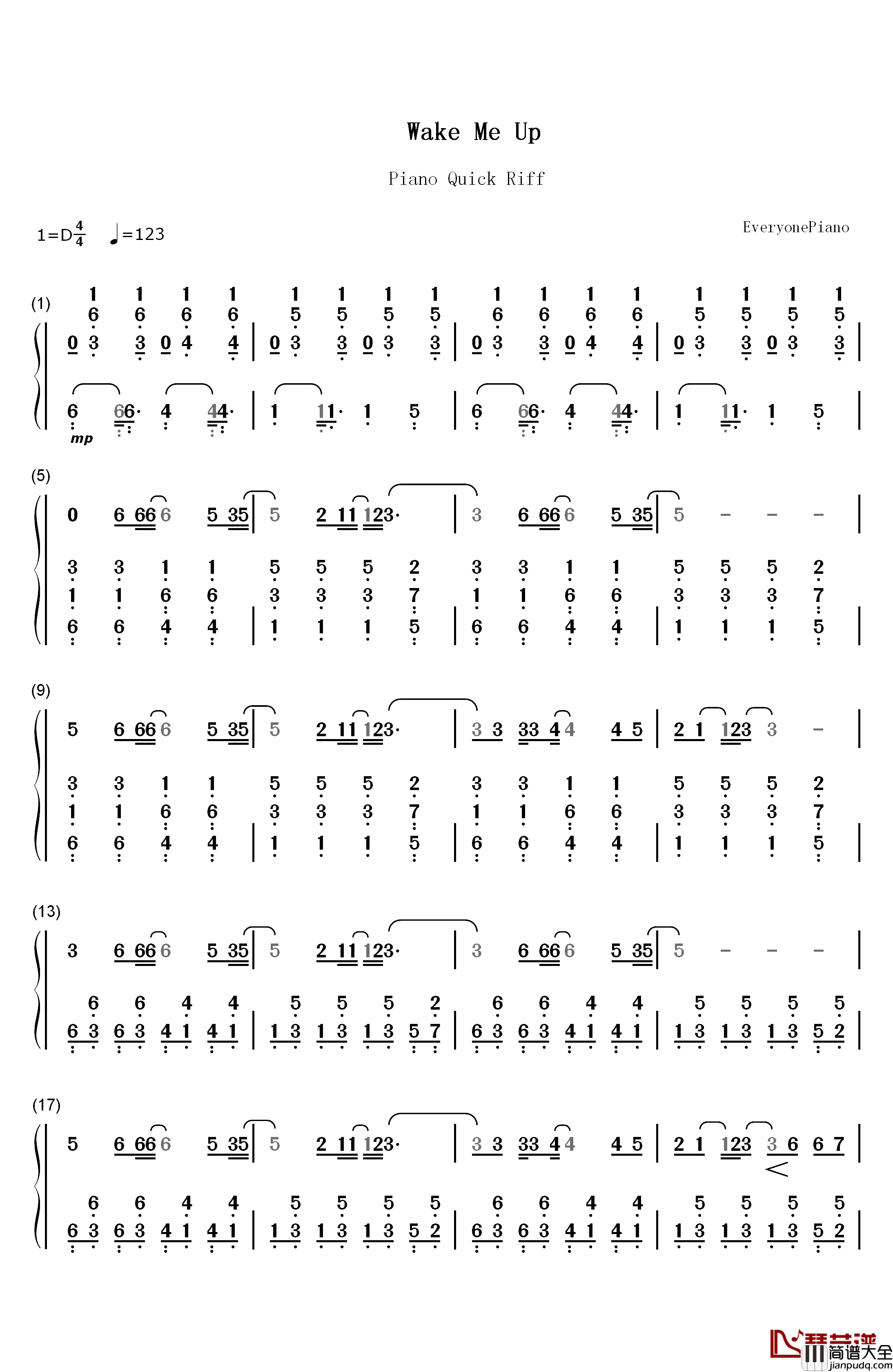 Wake_Me_Up钢琴简谱_数字双手_Avicii