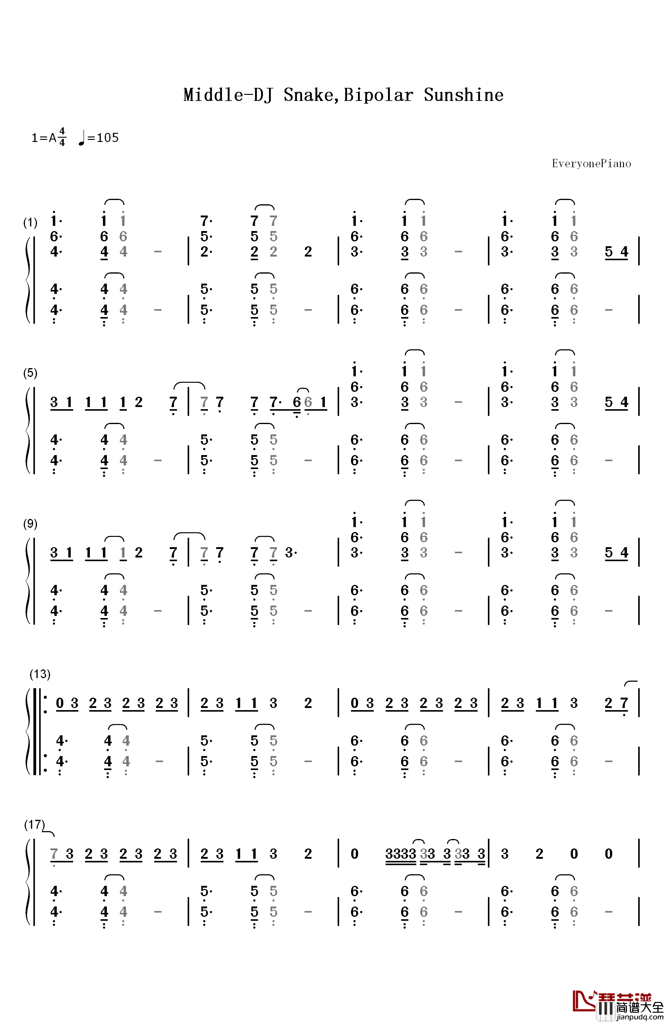 Middle钢琴简谱_数字双手_DJ_Snake_Bipolar_Sunshine