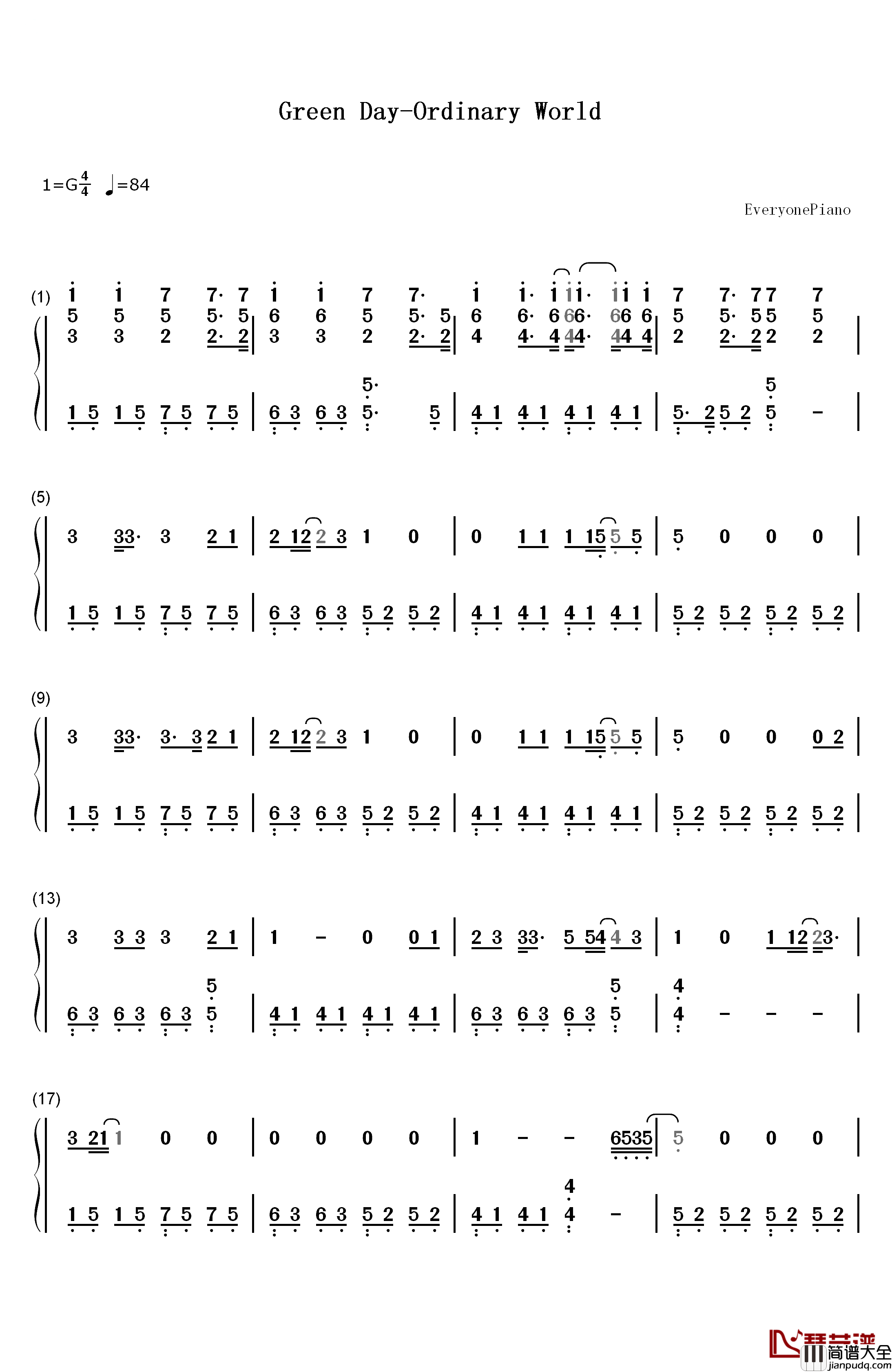 Green_Day钢琴简谱_数字双手_Green_Day