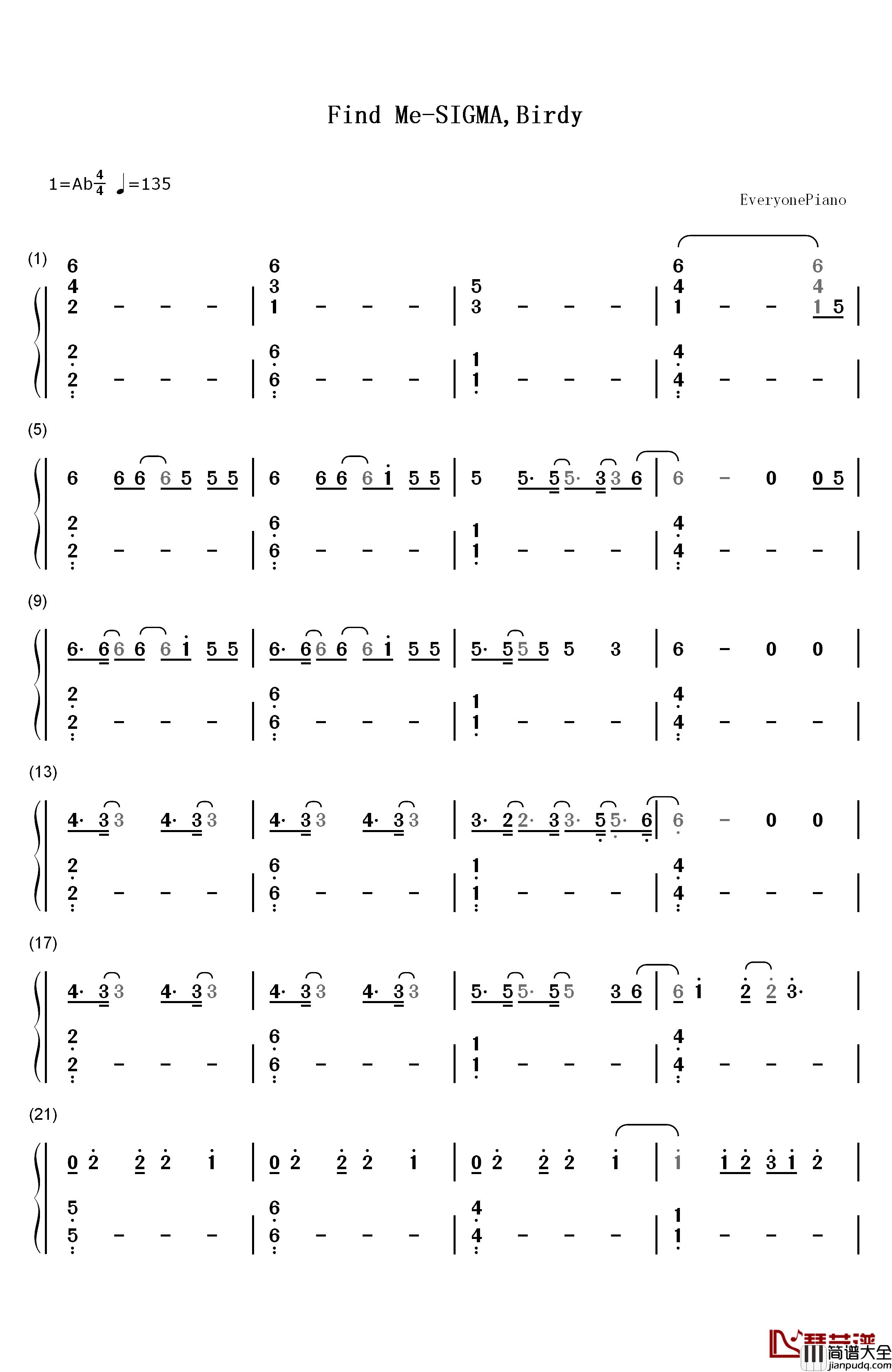 Find_Me钢琴简谱_数字双手_SIGMA_Birdy