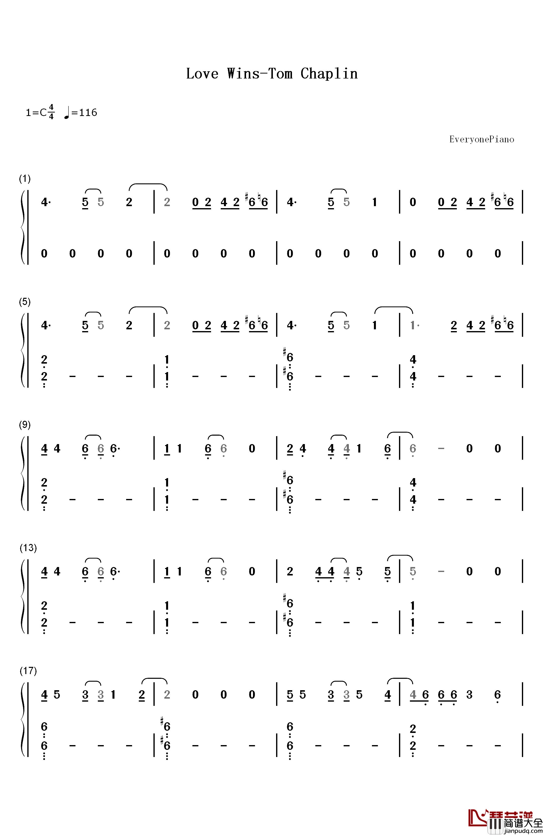 Love_Wins钢琴简谱_数字双手_Tom_Chaplin