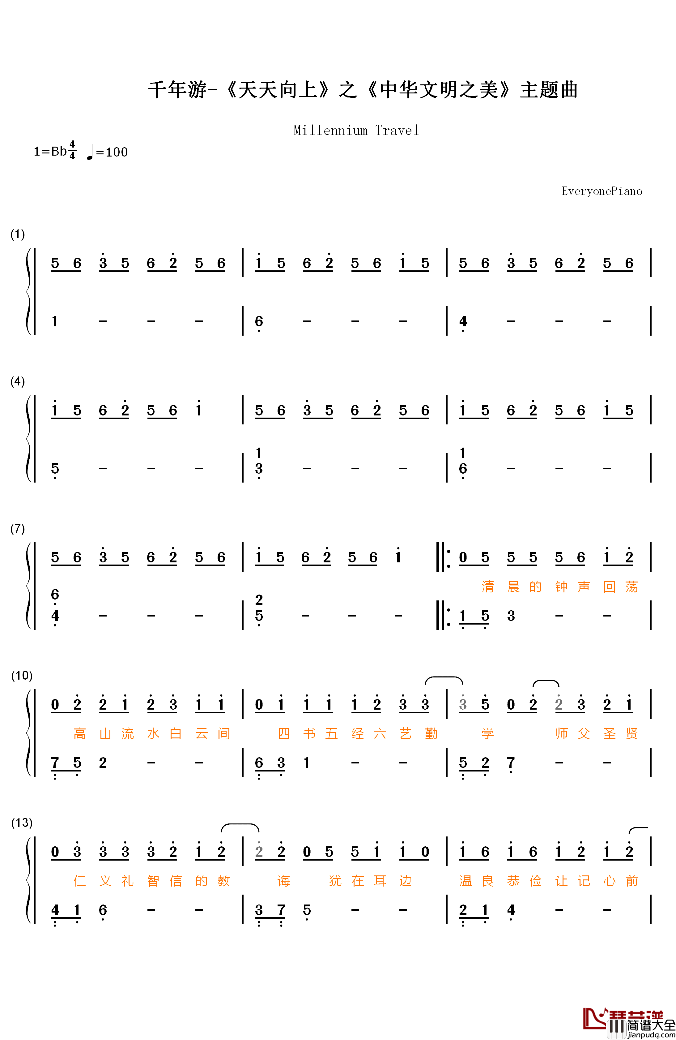 千年游钢琴简谱_数字双手_李宇春
