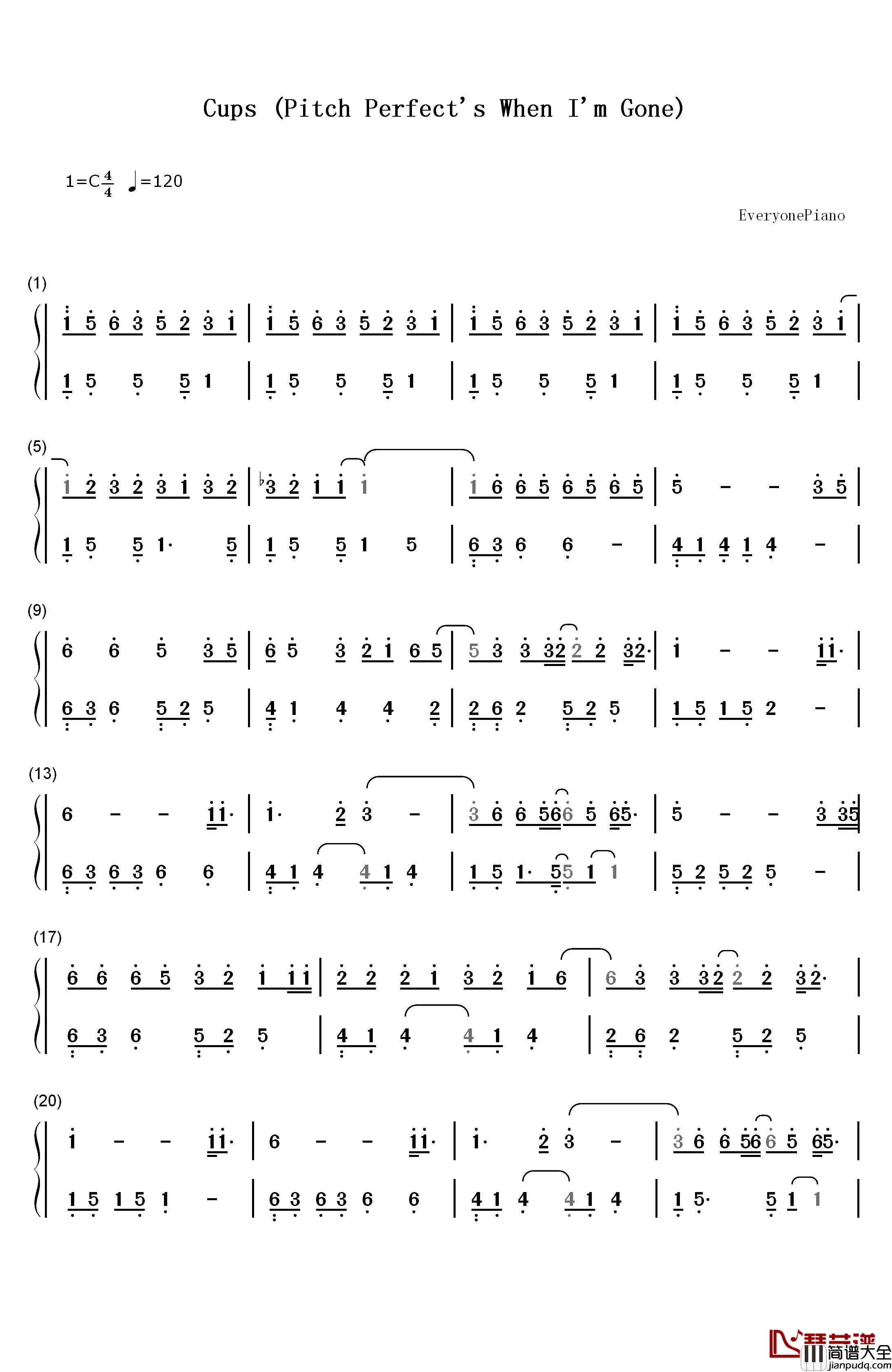 Cups_(Pitch_Perfect's_When_I'm_Gone)钢琴简谱_数字双手_Anna_Kendrick