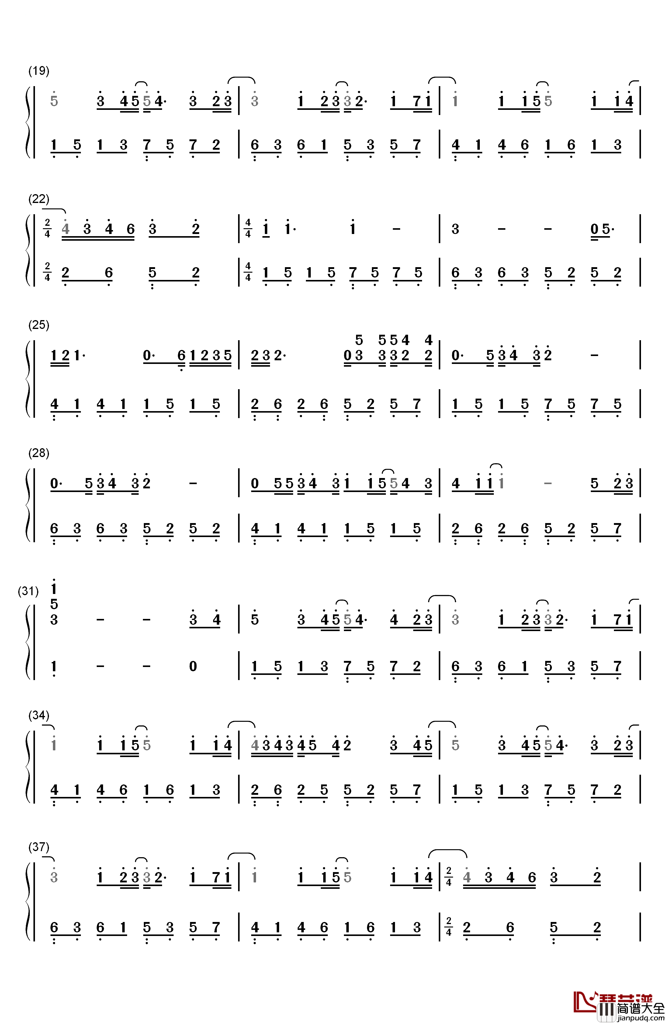 忽然之间钢琴简谱_数字双手_莫文蔚